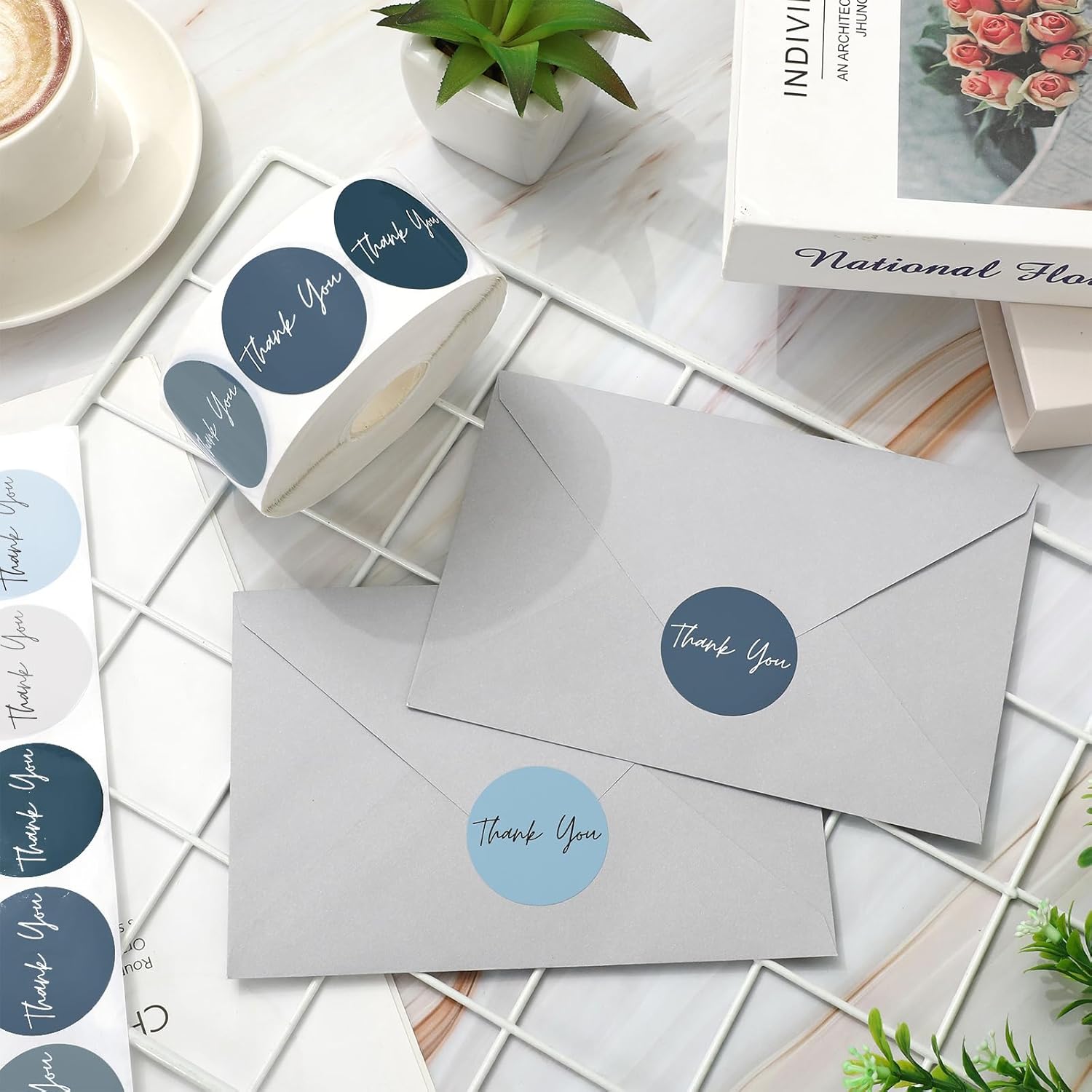 Whaline 1000Pcs Dusty Blue Thank You Sticker Roll 1.5 Inch Gradient Blue Thank You Stickers for Small Business 6 Colors Round Self-Adhesive Labels for Gift Packaging Envelopes DIY Craft Supplies - Image 4