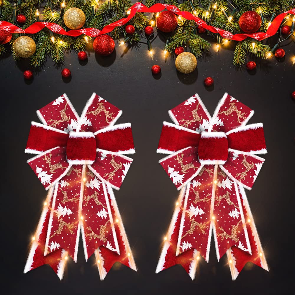 Estivaux 2 PCS LED Christmas Bows for Wreath, Christmas LED Wreath Bows Winter Holiday Snowflake Bows Red Velvet Bows Xmas Trees Bows for Front Door Merry Christmas New Year Decorations Suppies