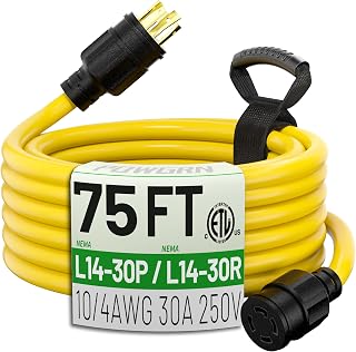 POWGRN 30 Amp Generator Extension Cord (75 Feet) 4-Prong 125/250V, NEMA L14-30P/L14-30R,10 Gauge STW Locking Power Cord for Transfer Switch, Portable Generators,Yellow 75ft Generator Cable