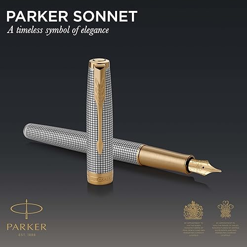 Miniatura 2 de PARKER Pluma estilográfica Sonnet plata cincelada Prestige con borde dorado punta fina de oro sólido de 18 quilates