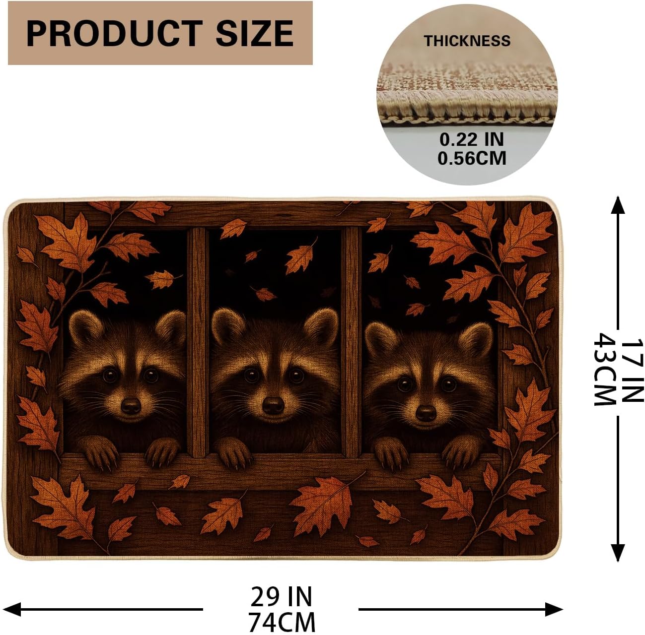 Fall Raccoon Door Mat, Brown Cute Animal Leaves Village Style Doormat for Outdoor & Indoor Entrance Seasonal Decor, Non-Slip Waterproof Dust Absorbent Welcome Mat, Easy Clean 29x17 Inch