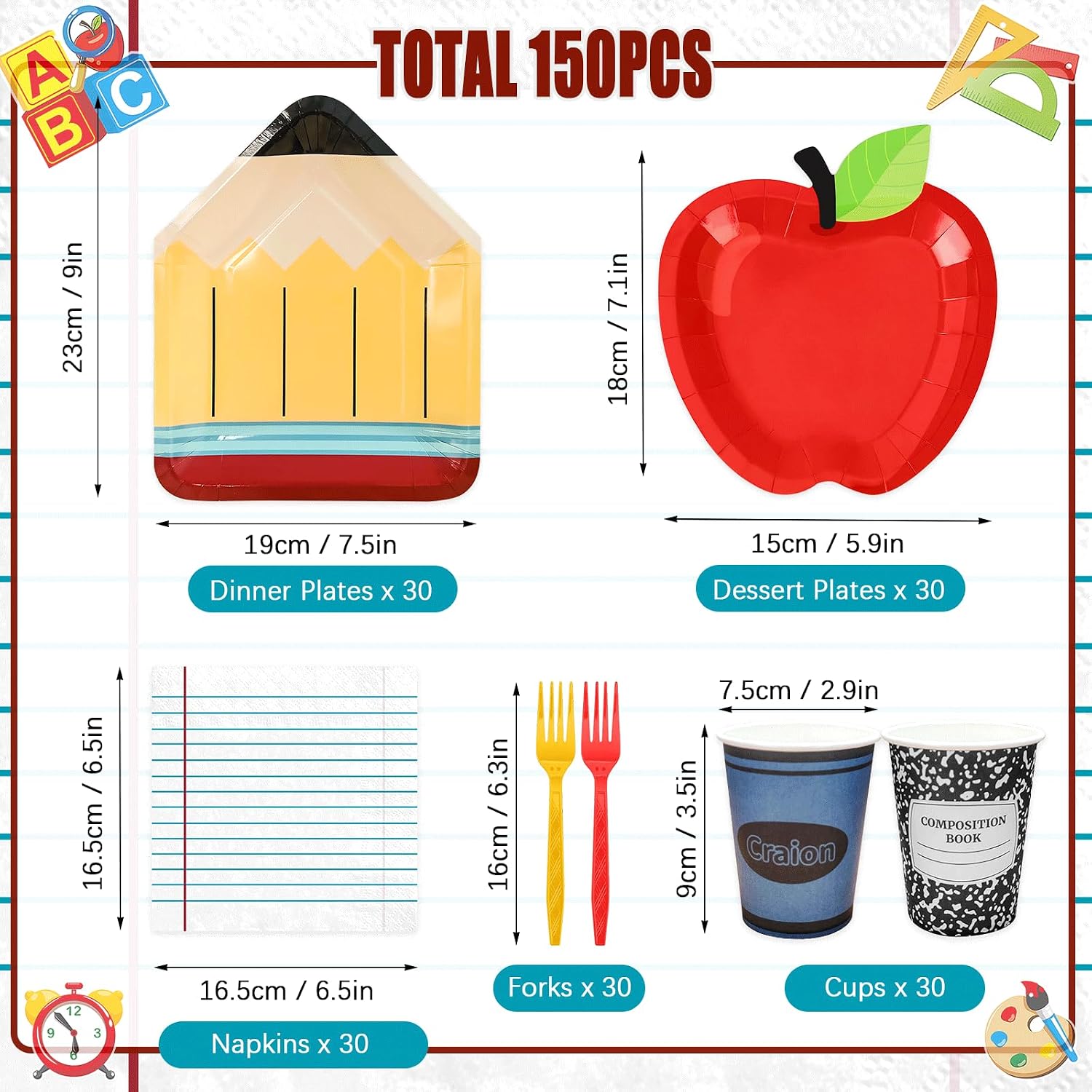 150 Pcs Back to School Party Supplies for 30 Guests, Apple Pencil Disposable Tableware Set with Paper Plates Napkins Cups and Forks, First Day of School Classroom Decorations image 2