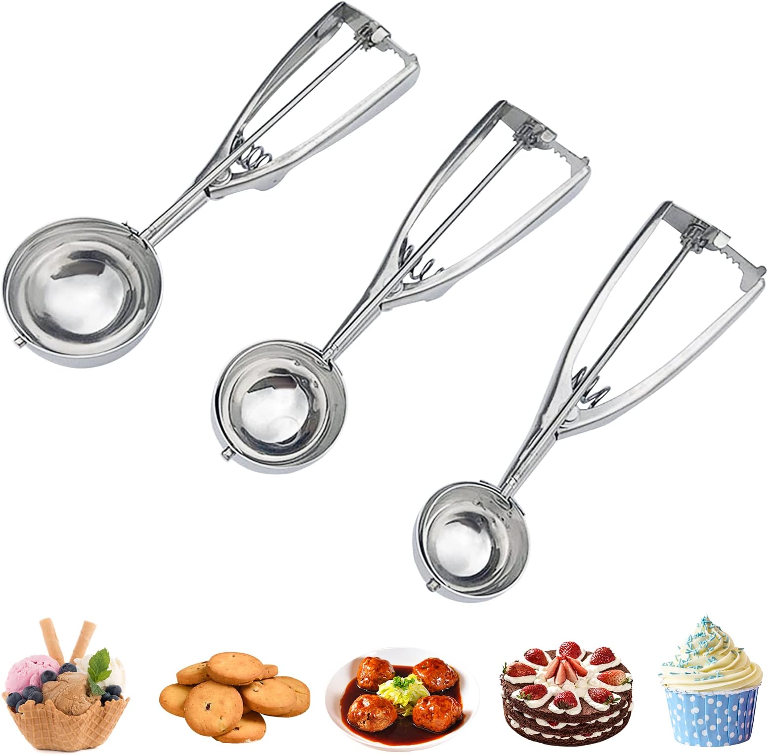 PDCTACST Ice Cream Scoop Set, 3 PCS Cookie Scoops with Trigger Release, Small/Medium/Large Stainless Steel Melon Baller Cookie Dough Scoop for Baking Food Fruit Meatball Muffin (1.6 in/2 in/2.4 in)