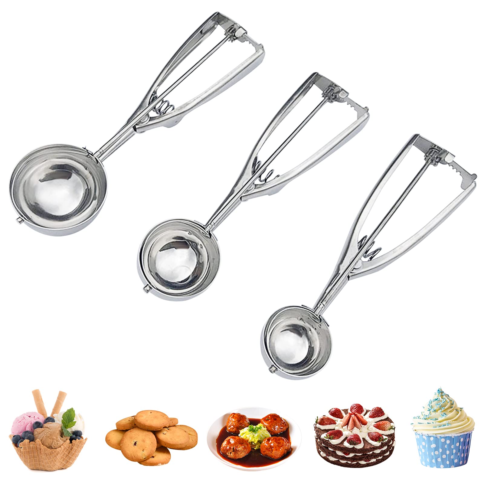 PDCTACST Ice Cream Scoop Set, 3 PCS Cookie Scoops with Trigger Release, Small/Medium/Large Stainless Steel Melon Baller Cookie Dough Scoop for Baking Food Fruit Meatball Muffin (1.6 in/2 in/2.4 in)