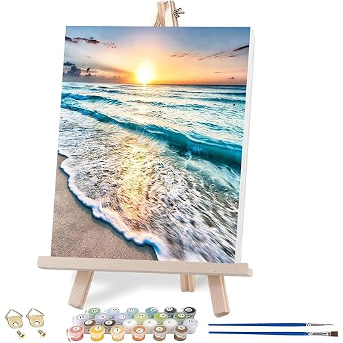 VIGEGU Paint by Numbers Kit for Adults with Framed,Beach Landscape Paint by Number DIY Adult Paint by Number Kits Acrylic Oil Painting for Wall Decor 10x12in