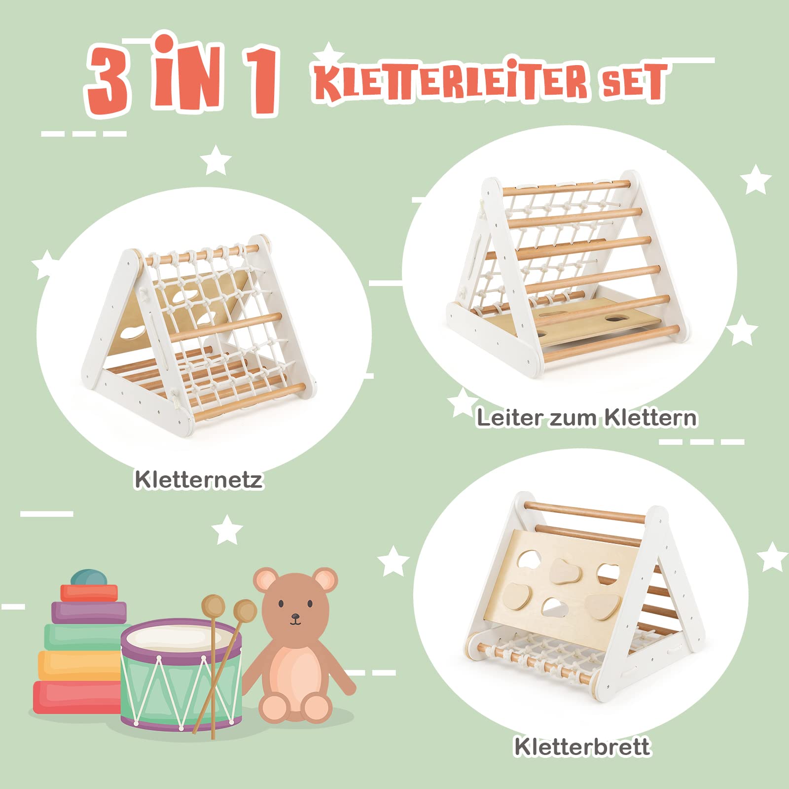COSTWAY 4 in 1 Kletterdreieck mit Rutsche, Klettergerüst aus Holz, Sprossendreieck zum Rutschen und Klettern, für Kinder ab 1 Jahre (Weiß+Natur)