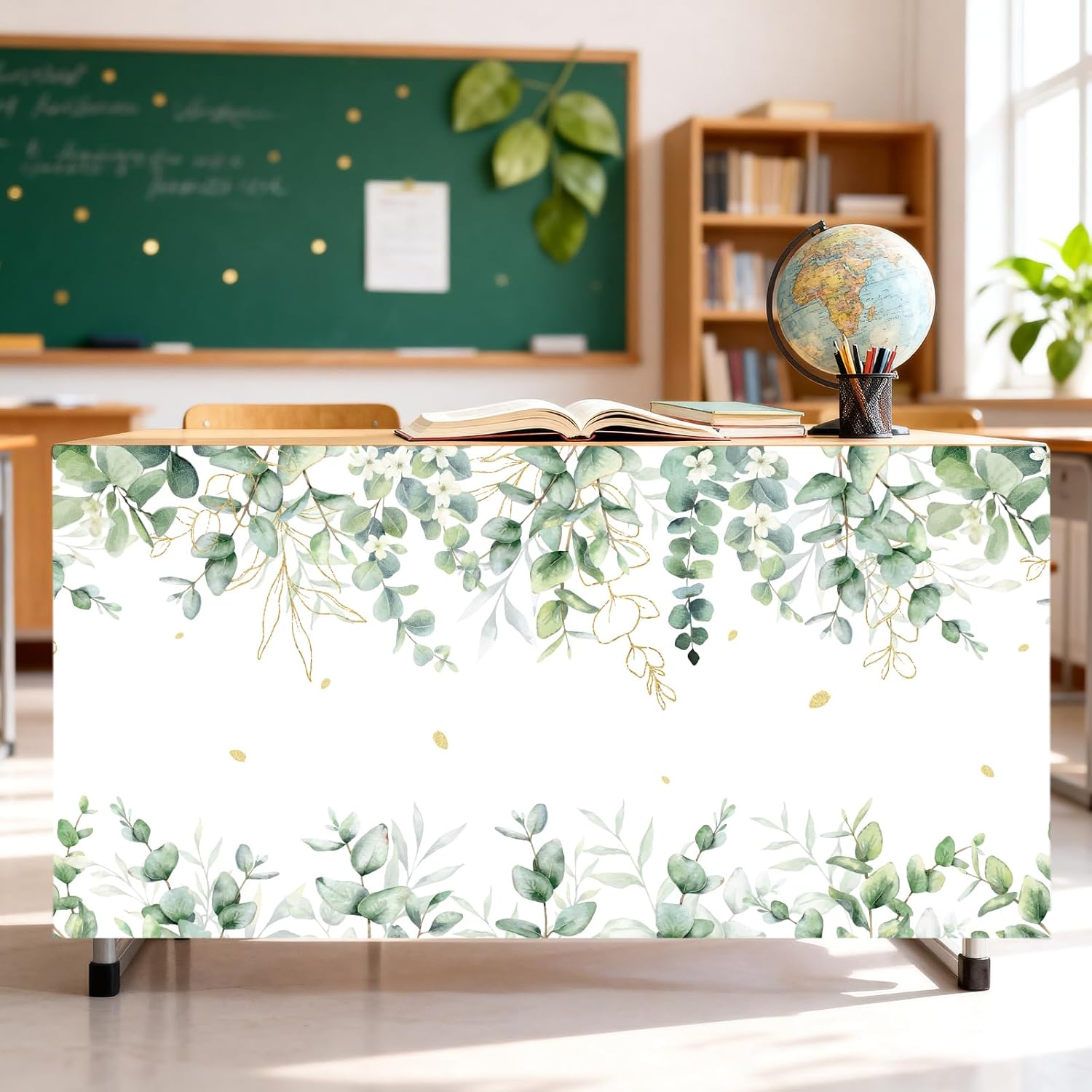 9FT Eucalyptus Leaf Teacher Desk Table Skirts Sage Green Classroom Decor | Flannel Table Skirts Cloths Curtain for Back to School Party Supplies Teacher Office Desk Skirt Dorm Office Bookcases Cabinet