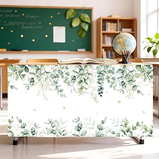 9FT Eucalyptus Leaf Teacher Desk Table Skirts Sage Green Classroom Decor | Flannel Table Skirts Cloths Curtain for Back to School Party Supplies Teacher Office Desk Skirt Dorm Office Bookcases Cabinet