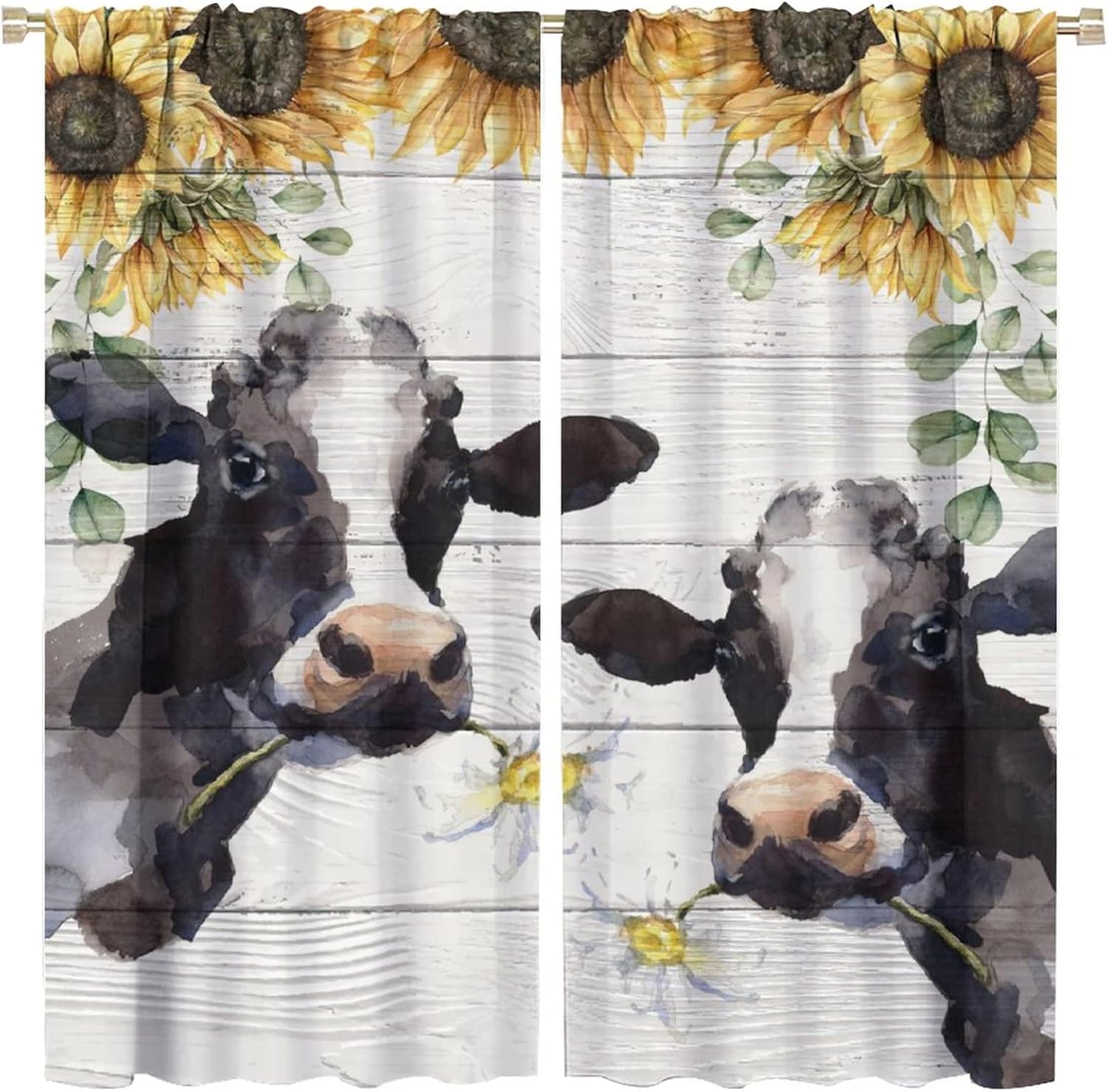 JESTRONRY Cow Window Curtains,Funny Farmhouse Cow Farm Animal Cow Flowers Sunflower Room Darkening Door Window Rod Pocket Curtain for Living Room Bedroom Kitchen Bathroom W63xL63in