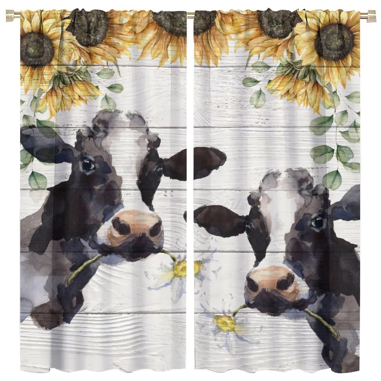 JESTRONRY Cow Window Curtains,Funny Farmhouse Cow Farm Animal Cow Flowers Sunflower Room Darkening Door Window Rod Pocket Curtain for Living Room Bedroom Kitchen Bathroom W63xL63in