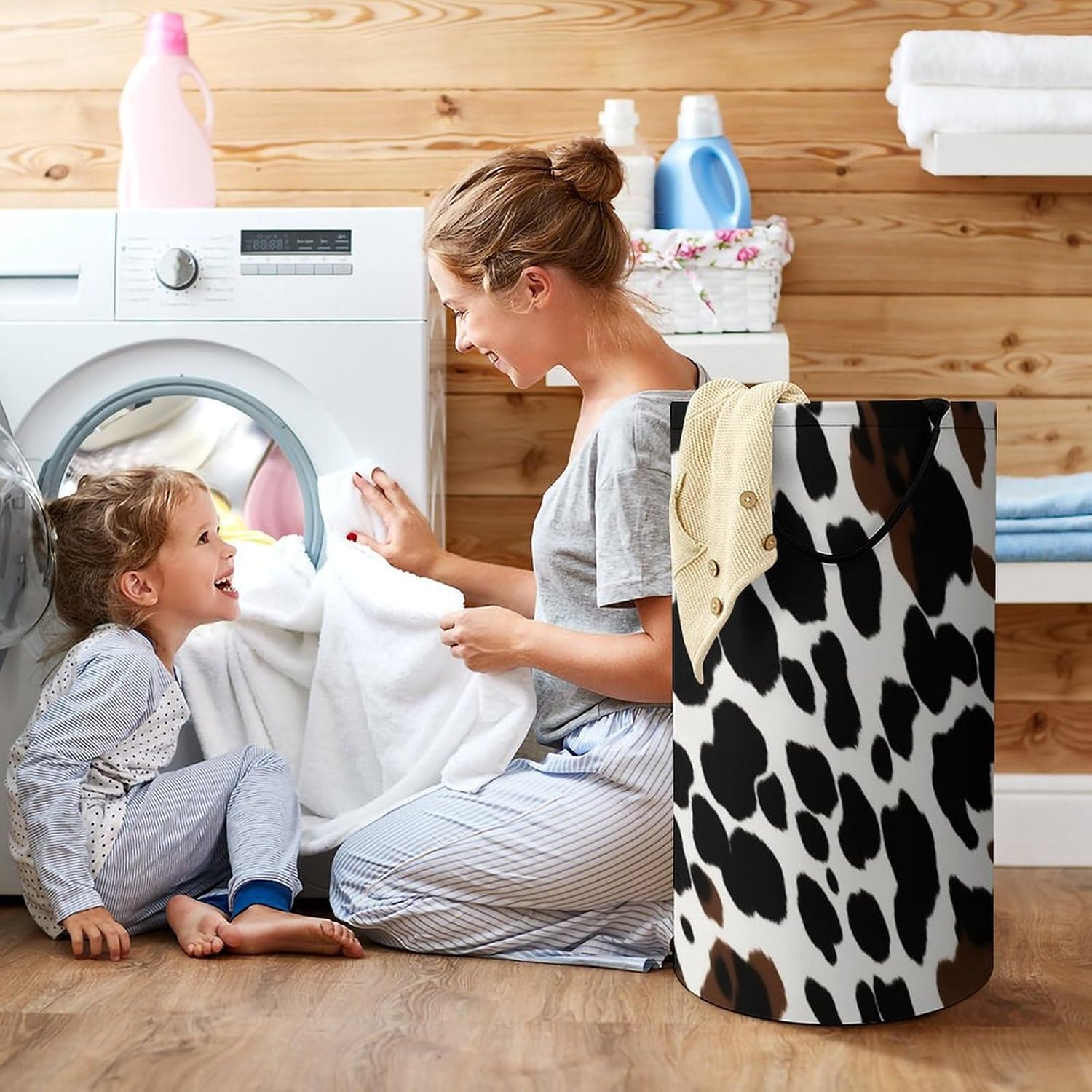 Large Laundry Hamper with Handle Waterproof Laundry Basket Collapsible Dirty Clothes Hamper Animal Skin Cow Laundry Bag for Clothes Toys in Bedroom 15.7x27.2 In