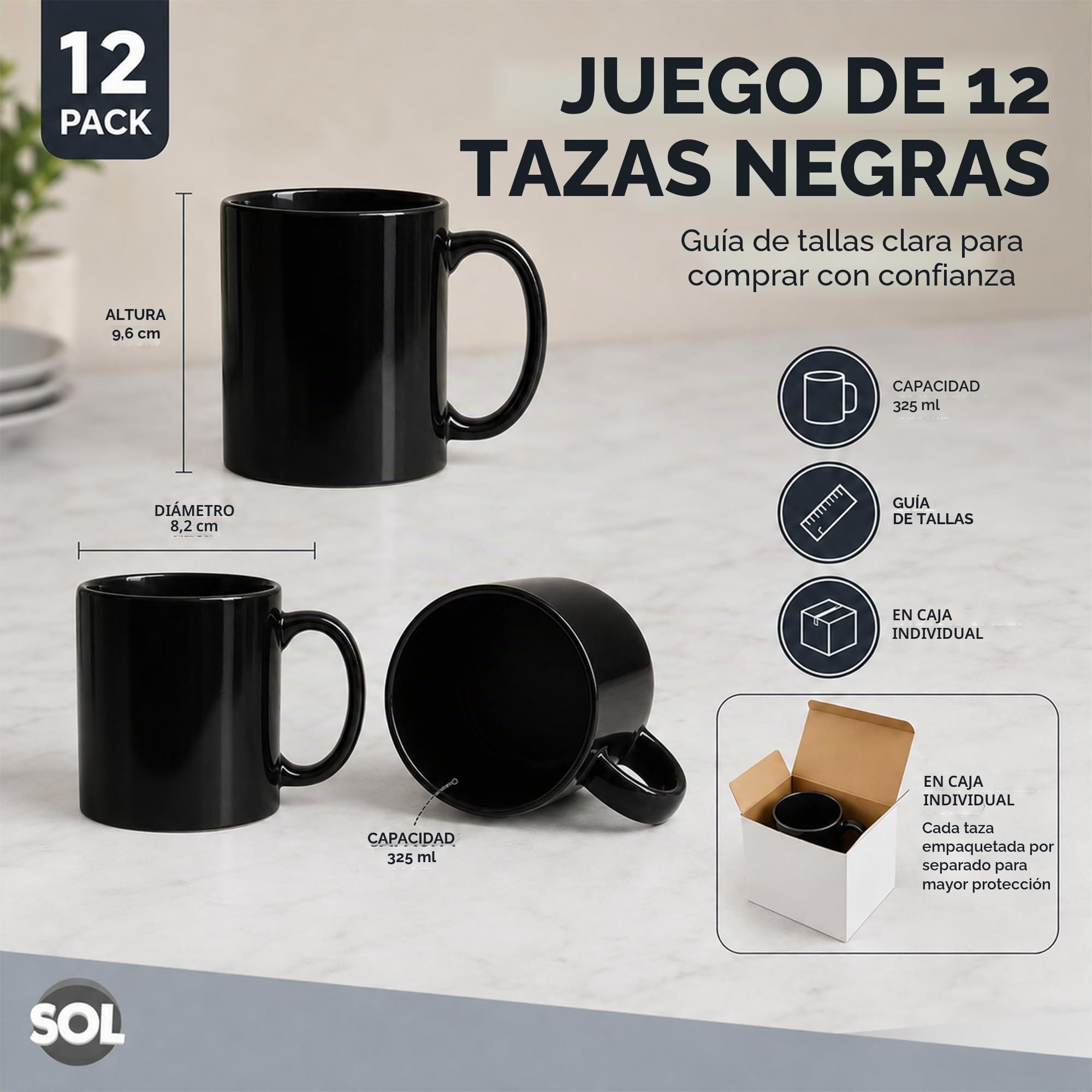 SOL Juego de 12 tazas de cerámica negras de 11 onzas para té y café, juego de vasos duraderos para el hogar, oficina, cafetería, restaurante, diseño apilable, apto para microondas y lavavajillas, apto