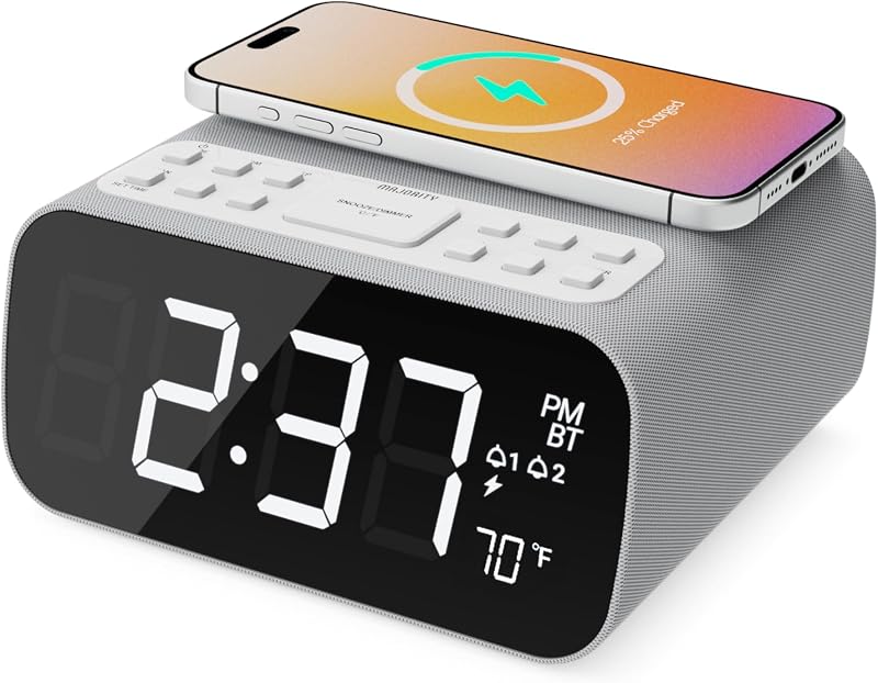Majority Bluetooth Alarm Clocks with Wireless Charging | Bedside Clock for Bedroom with 10W Power FM Radio | Large Screen Display, Loud Alarm for Heavy Sleepers, and Display Backlit Dimmable Darwin | 10W charging, large screen display, loud alarm for heavy sleepers, backlit dimmable display, and bedroom bedside clock Darwin