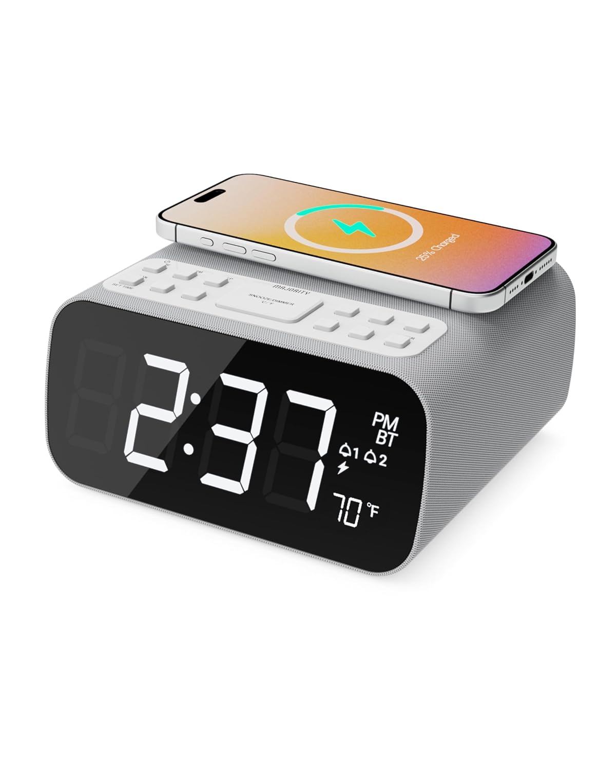 Majority Bluetooth Alarm Clocks with Wireless Charging Bedside Clock for Bedroom with 10W Power FM Radio Large Screen