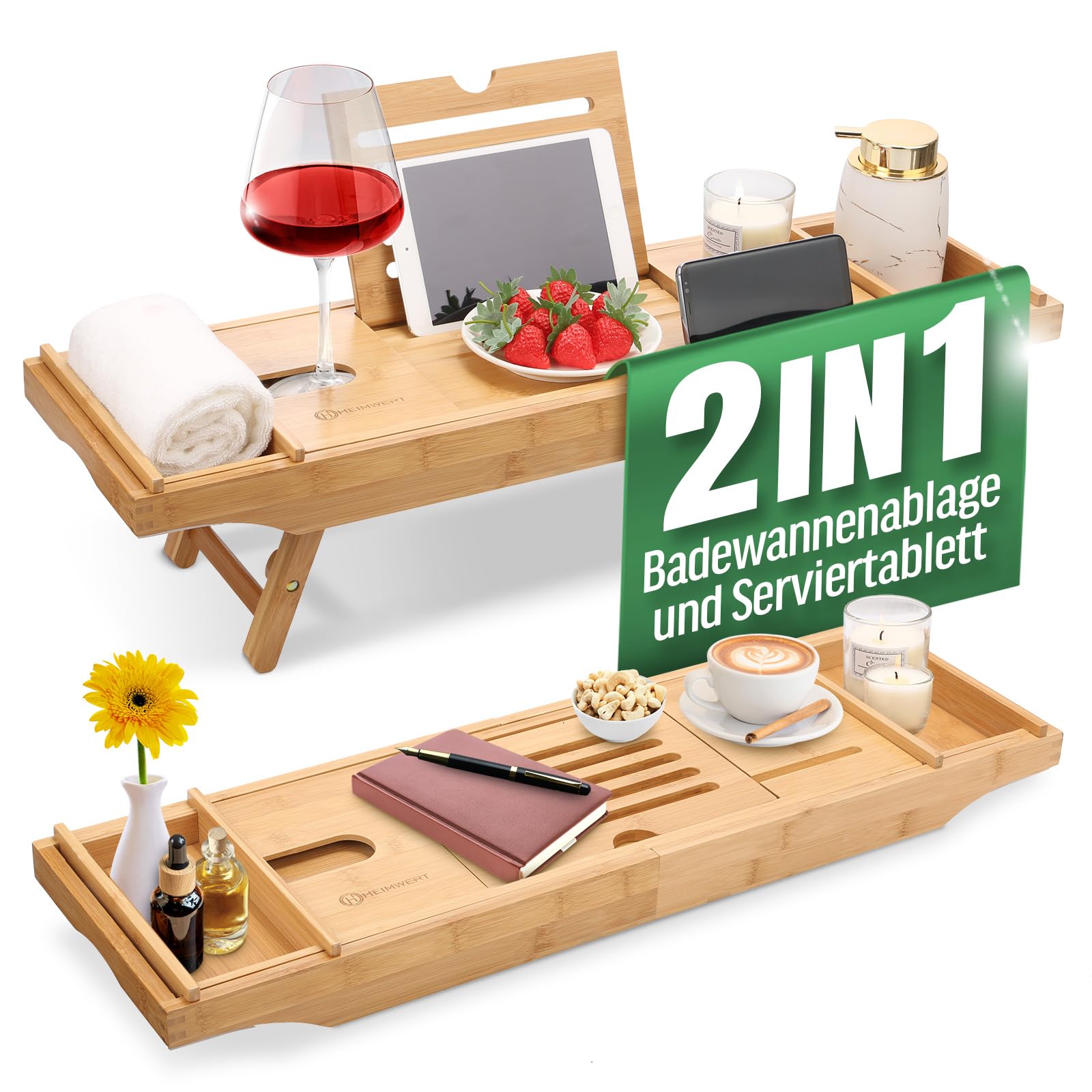 HEIMWERT Badewannenablage Badewannentablett Ablage Badewanne - Extragroß mit ausklappbarem Ständer - Badewannen Tablett Tisch und Frühstückstablett Zubehör aus Bambus (Natur)