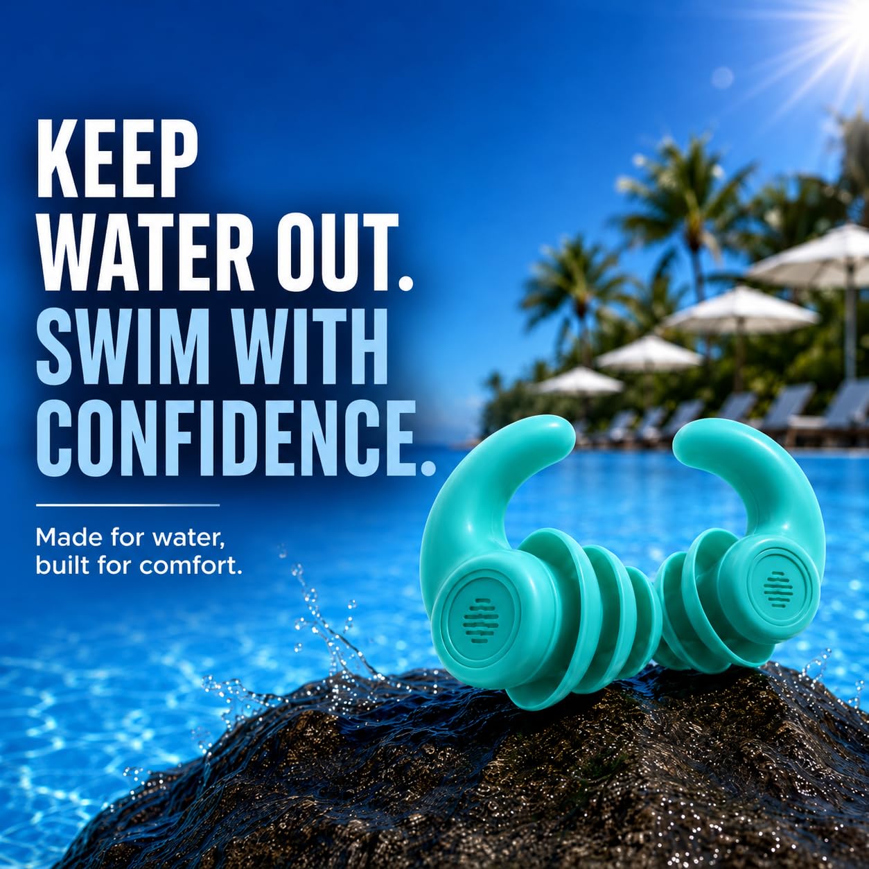 Pro Swim Tapones para los oídos, 3 pares, impermeables, reutilizables, de silicona, para natación, surf, esnórquel y todos los deportes acuáticos, verde, azul, coral