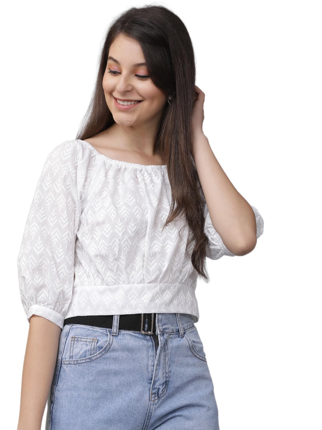 tokyo talkies Women's Embroidered Crop Top | 3/4 Puff Sleeves & Chic Detailing for A Trendy Look | Tops for Woman | Women Tops | Women Crop Top-picture-52