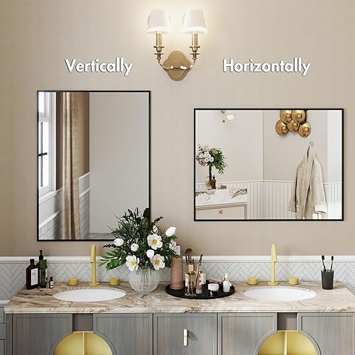 Miniatura 7 de LUSABE Espejo de baño con marco negro de 30 x 36 pulgadas, espejo de tocador para pared, espejo rectangular moderno para granja, marco de aleación