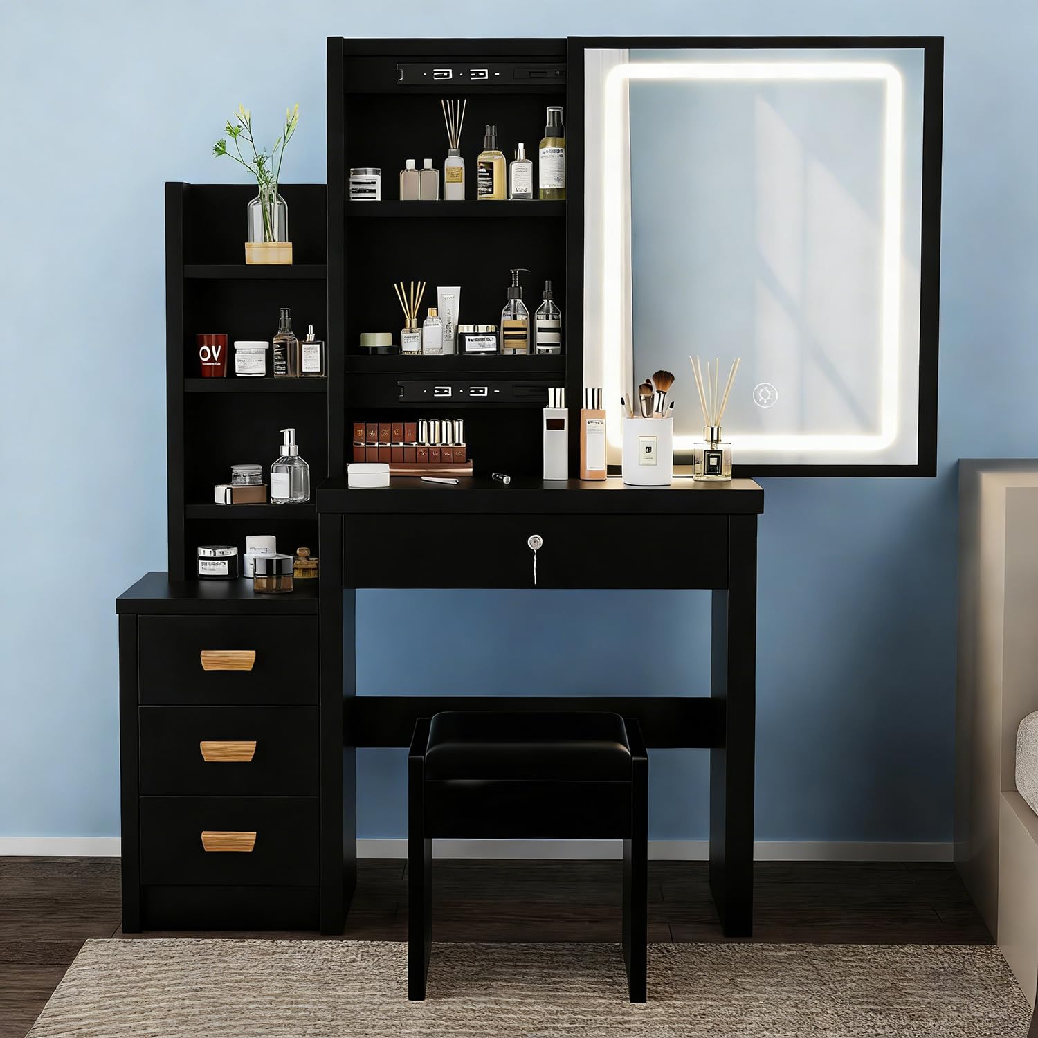 Oyajia Dressing Table with Mirror and Stool, Vanity Table with LED Lights and Adjustable Brightness, Vanity Desk with Mirror, Makeup Desk with 4 Drawers and 3 Storage Shelves for Girls Bedroom, Black