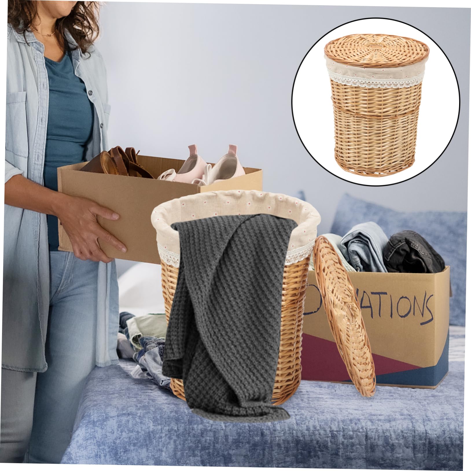 PRETYZOOM Cesta para Ropa Sucia Tejida a Mano 45x30x35 Cm Material Natural Color Original Tapa Cesta Organizadora para Hogar Lavandería y Baño