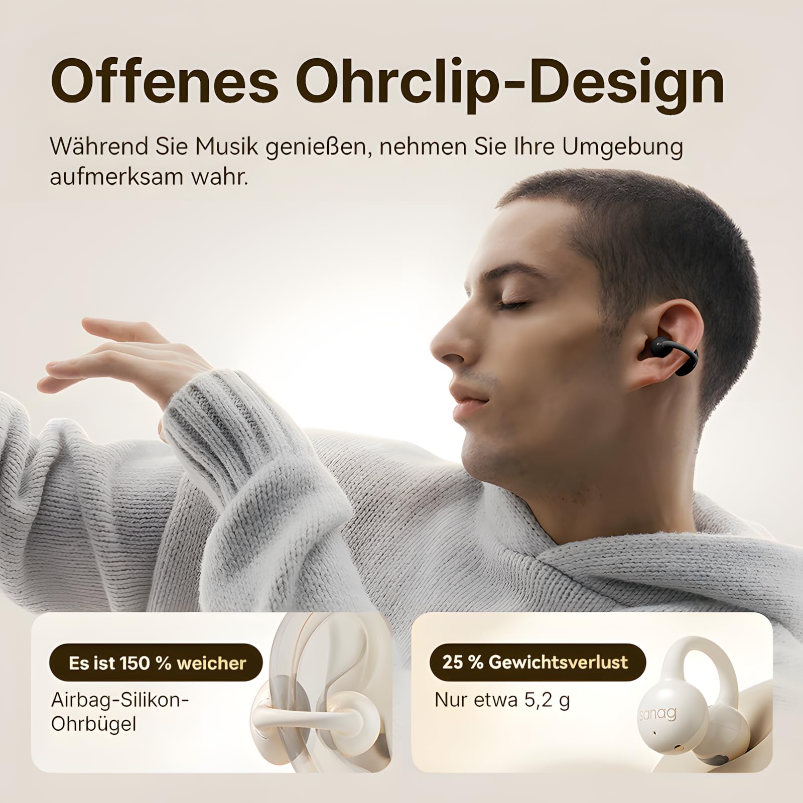 SANAG Open Ear Kopfhörer, Bluetooth 5.4 Sport Kopfhörer mit 50 Std. Spielzeit, Clip on Kopfhörer Bequem & Sicherer Halt, Luftleitung Kabellos, IPX4 Wasserdicht, Headset für Laufen & Fitness