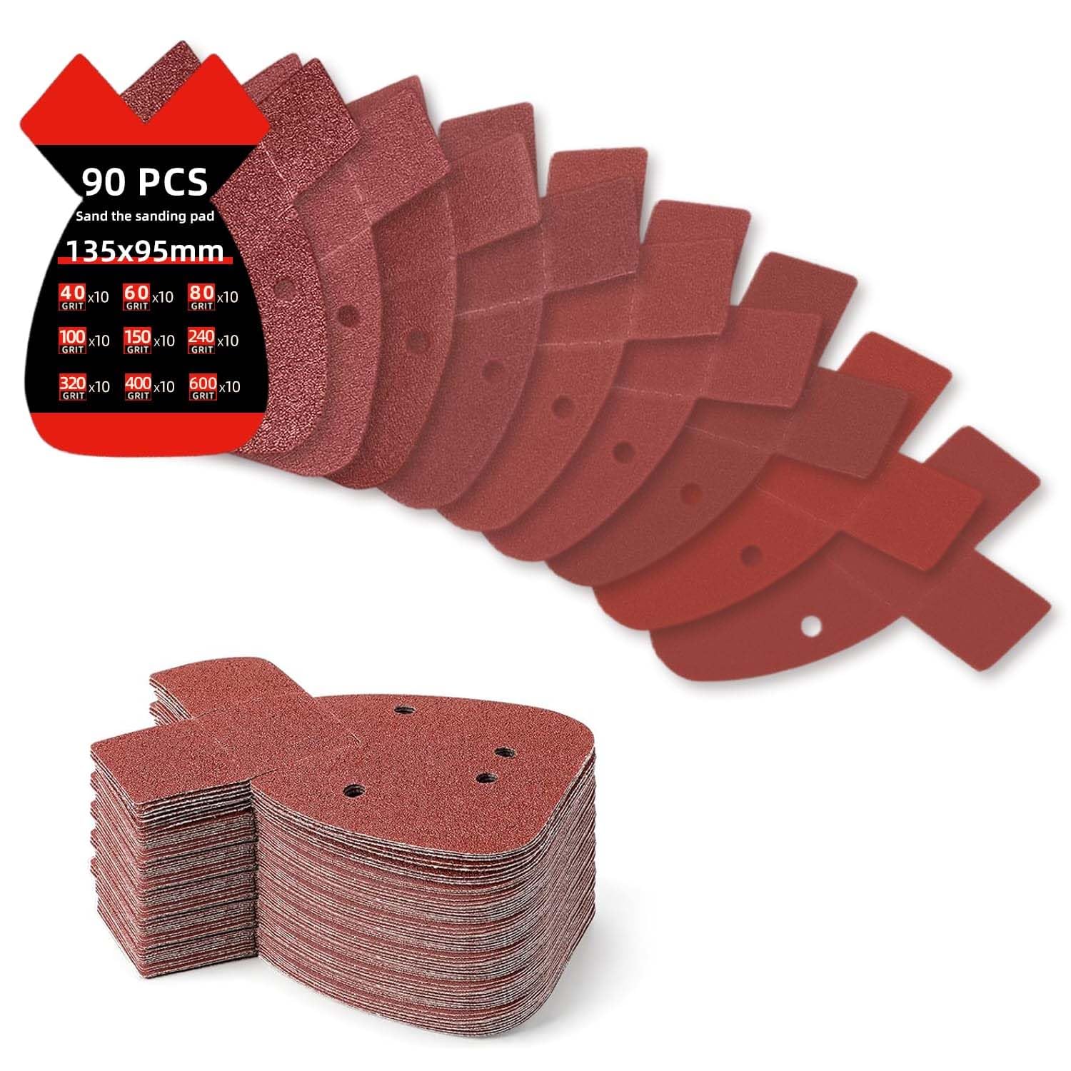 90pcs Black and Decker Mouse Sander Pads, Sanding Sheets, 4 Holes Hook and Loop Mouse Palm Sanding Paper, Assorted Grits 40/60/80/100/150/240/320/400/600 for Electric Sander Grinding