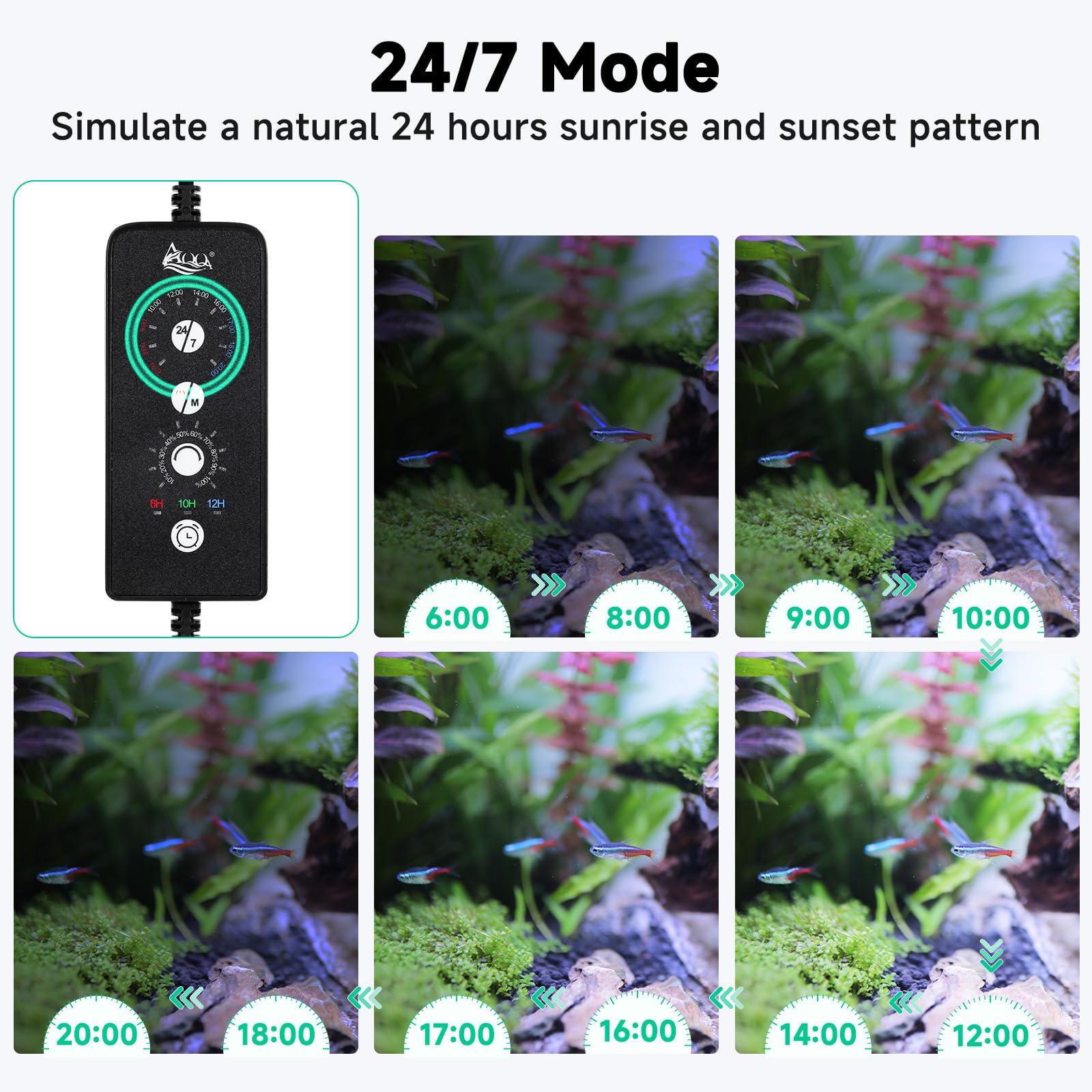 AQQA LED Aquarium Light, 24/7 Mode IP68 Waterproof Extendable Bracket Fish Tank Light, DIY Mode Full Spectrum Aquarium Plant Light, Adjustable Timer/Brightness Memory Function for 18-24 Inch Fish Tank