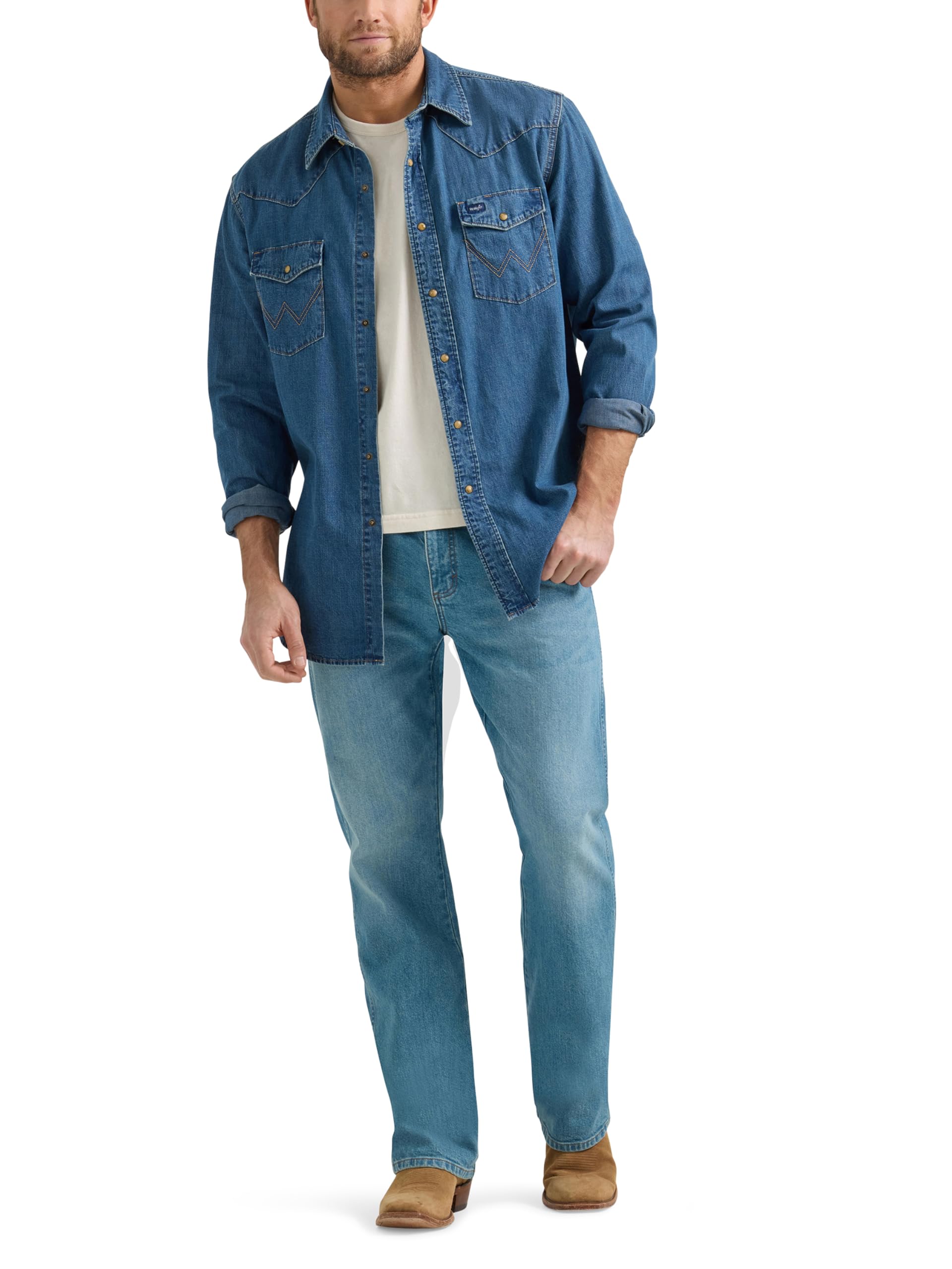 Wrangler Męska koszula dżinsowa z kolekcji zatrzaskowej (niebieska, duża, regularny krój, długi rękaw, 71 cm, 2 kieszenie, styl zachodni, miękka tkanina, szybkie przechowywanie, zapięcie na zatrzask,