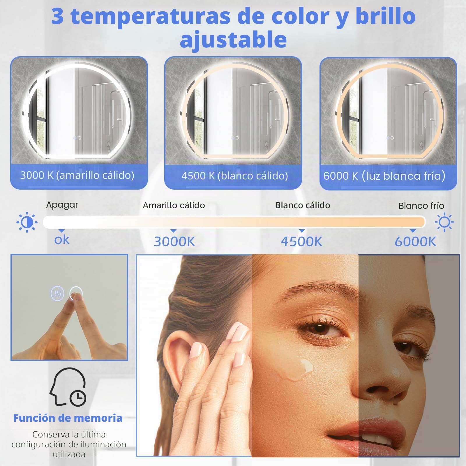 FANTASK Espejo de baño LED con iluminación, antivaho, Espejo de Pared Regulable con Interruptor táctil y función de Memoria, Espejo Colgante LED para baño, 60 x 54 cm, Color Plateado