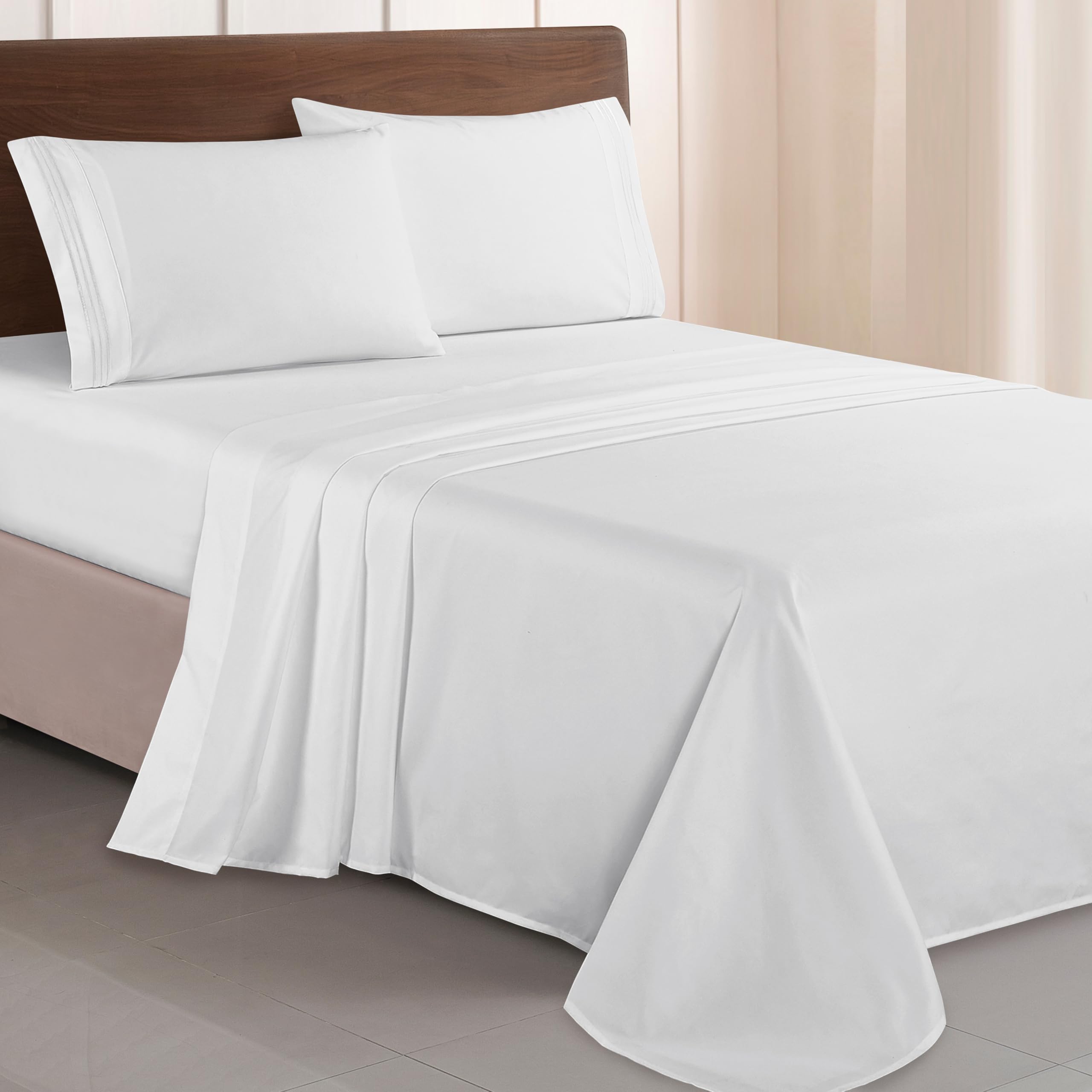 Elegant Comfort Luxurious 1500 Premium Hotel Quality Microfiber Three Line Embroidered Softest 4-Piece Bed Sheet Set, Wrinkle and Fade Resistant, King, White