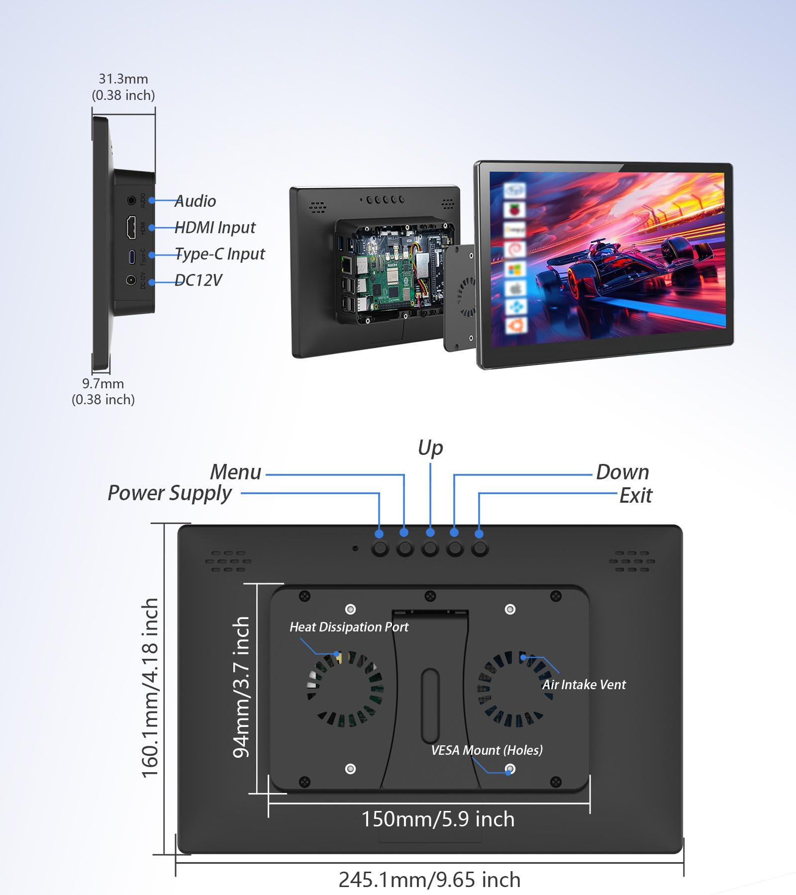 Monitor táctil de 10.1 pulgadas, IPS portátil 60 Hz 1920x1200, contraste VESA 16:10, compatible Ra Pi 5/4B/4/3/2 Windows 10/8/7