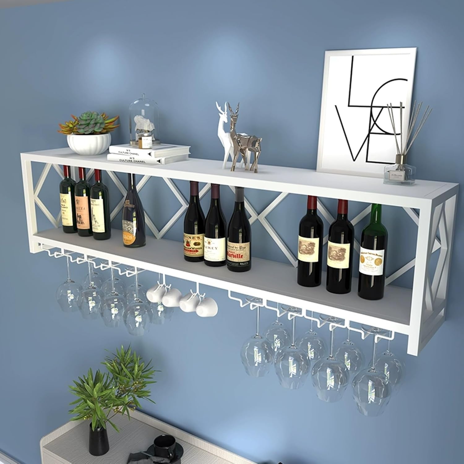 JKGHK Wall Mounted Wine Rack, Double-Layer Glass Holder, Metal Wine Glass Rack, Floating Storage Display Shelf, Hanging Bar Shelves, for Home Bar Dining Room(White,23.6in/60cm)
