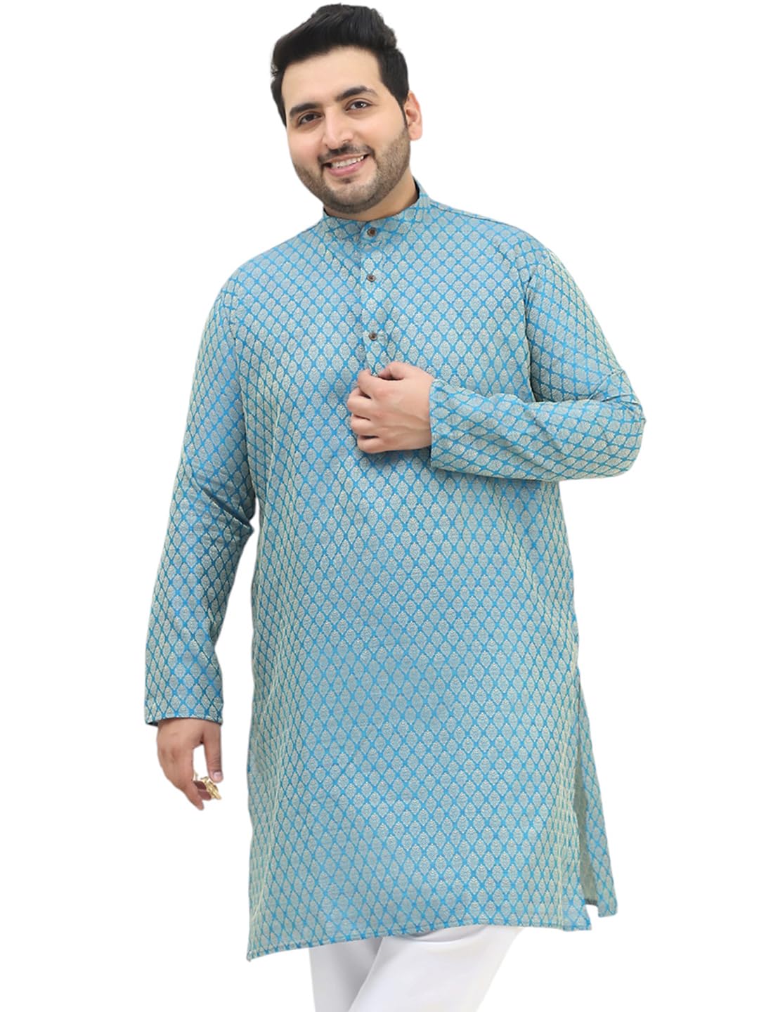 Sojanya Plus (Since 1958) Men's Silk Blend Peacock Blue Self Design Only Long Kurta
