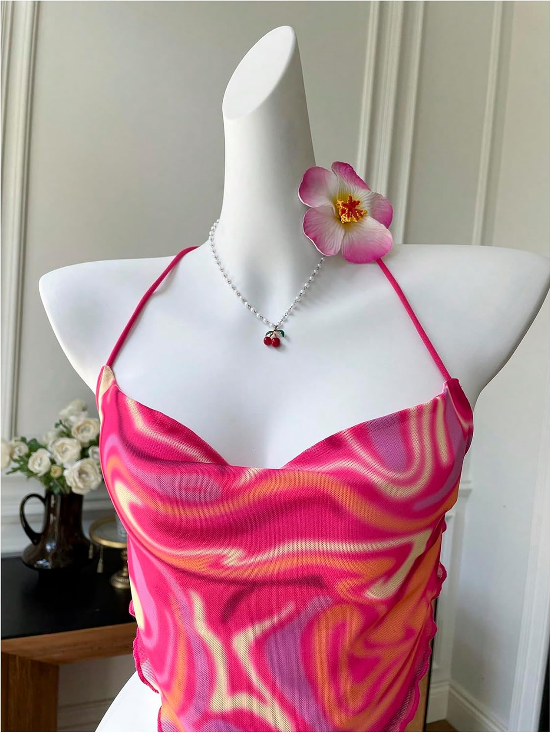 Floerns Women's Marble Print Halter Crop Top Tie Backless Asymmetrical Lettuce Hem Party Tops - Image 4