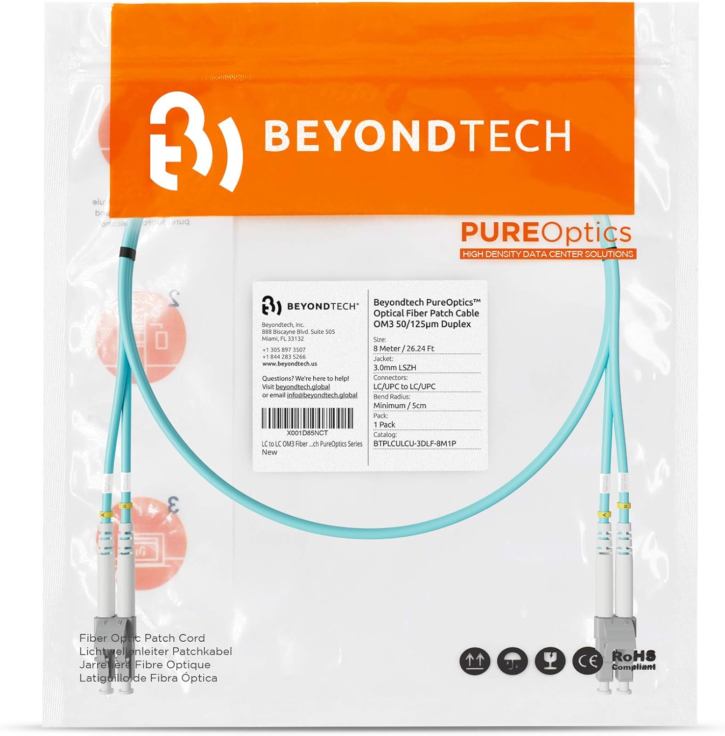 BEYONDTECH 8m (26.24ft) LC to LC Fiber Patch Cable – UPC Multimode Duplex Fiber Optic Cable – 50/125µm core, Compatible with OM3 – 10G LSZH PUREOptics Series