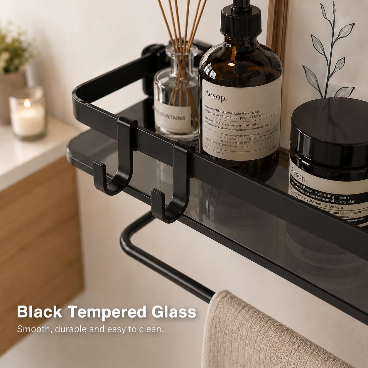 VOLPONE Estante de cristal para baño, estantes de baño de 15.7 pulgadas con toallero, estante de pared de baño con 4 ganchos extraíbles negro (2 niveles)