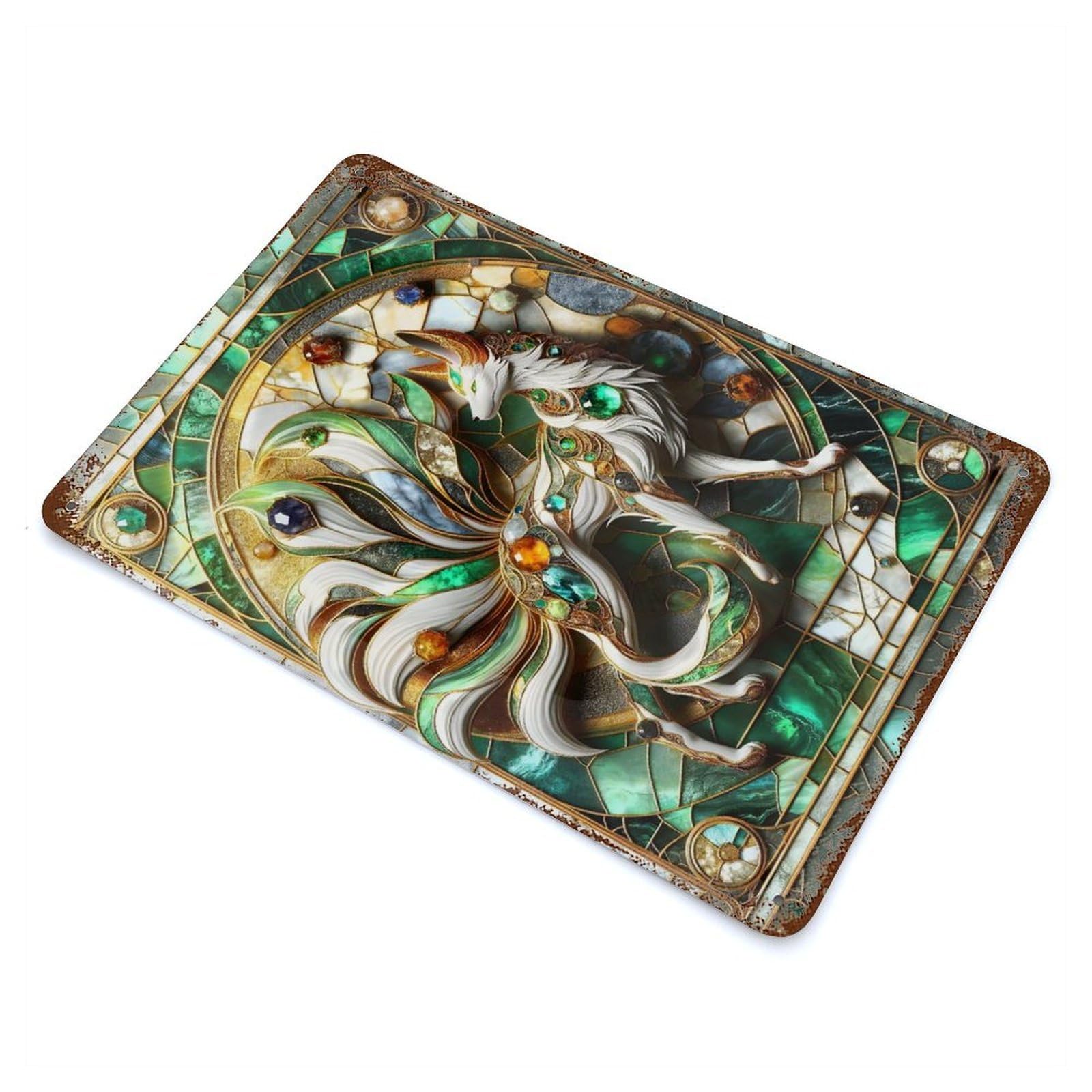 Nine Tailed Fox Kitsune 11.8"x7.9" Aged Metal Wall Plaque, Retro Wall Decor for Farmhouse, Kitchen And Entryway Decor