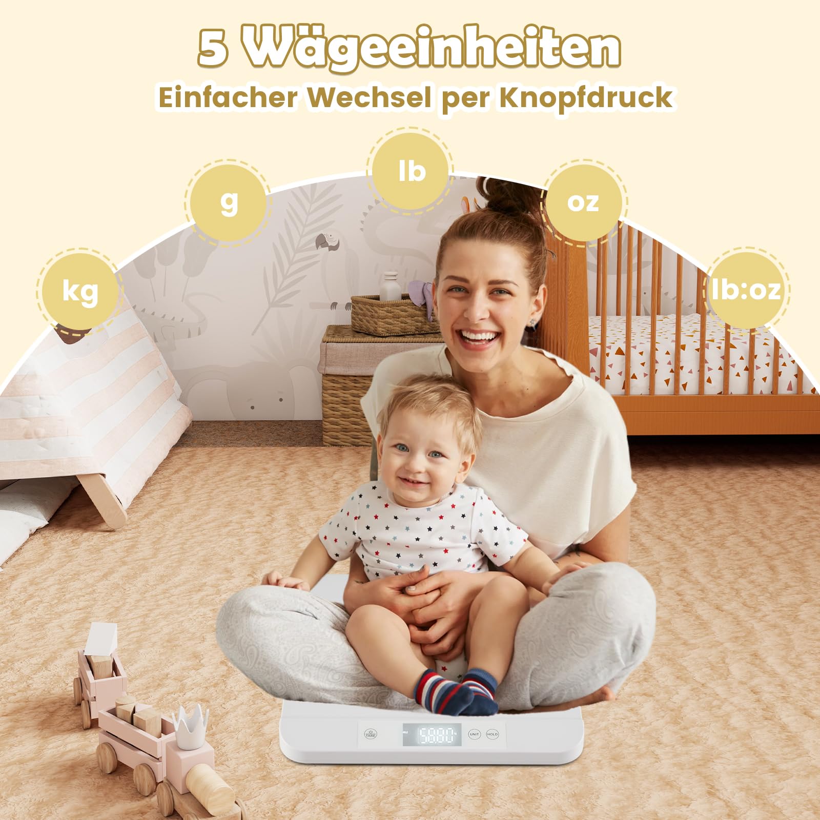 COSTWAY Babywaage digital, 50 g bis 150 kg, Kinderwaage mit abnehmbarem Tablett, Säuglingswaage mit LED-Anzeige, 5 Messmodi & Tarafunktion, Dititalwaage, Tierwaage für Baby, Erwachsene