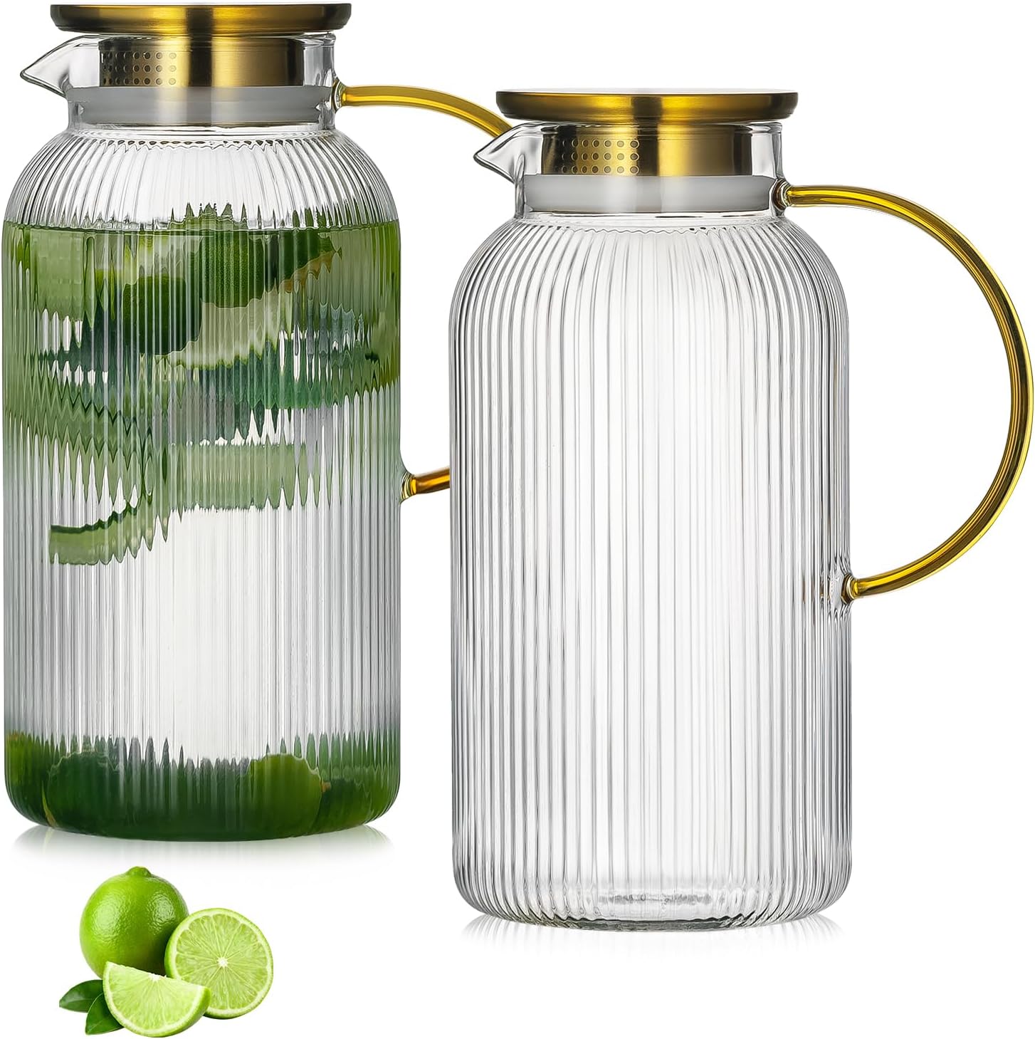 Buaic 2 PACK Glass Pitcher with Lid, 68 oz/ 2 Liter Classic Vertical Stripes ...