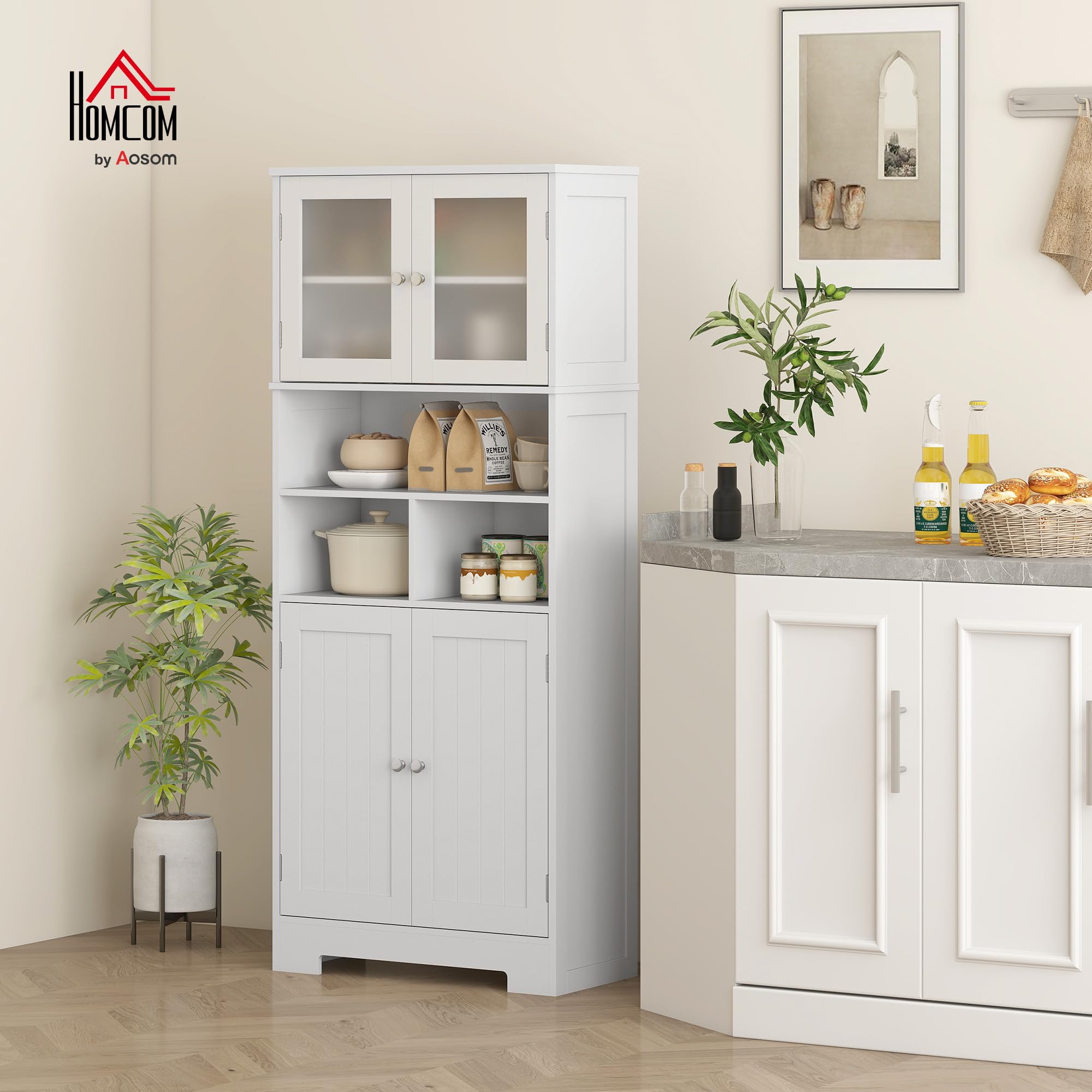 HOMCOM Credenza Cucina con 2 Armadietto, 3 Vani Aperti, Mobile Dispensa Stretto con Ante in Vetro e Ripiani Regolabili, per Soggiorno, Sala da Pranzo, 60x30x145.5 cm, Bianco