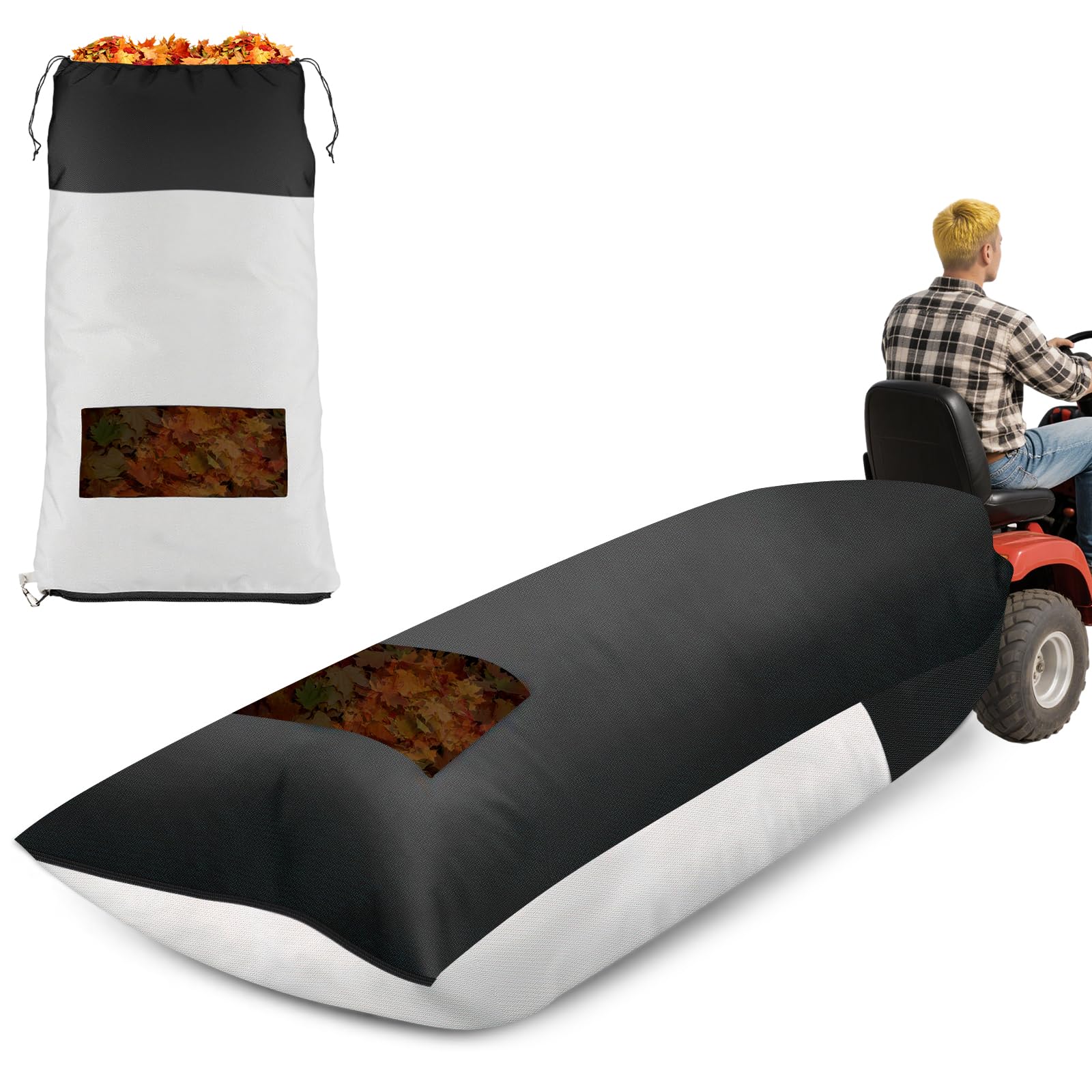 Patelai Rasentraktor, Laubbeutel, Grasfangtasche zum Reiten von Rasenmäher, 200 x 132 cm, große Kapazität, Grasfänger für Laubsammlung, robuste Materialsammelsysteme (Schwarz, Weiß), 2 Stück