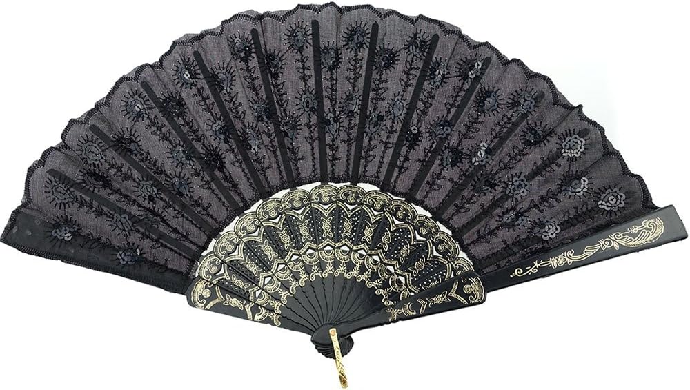 INNOLIFE Elegant Embroidered Flower Peacock Pattern Sequin Fabric Folding Handheld Hand Fan Hand-Crafted (Black)