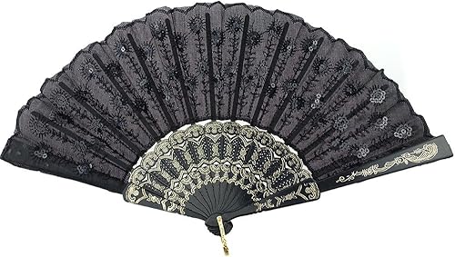 Miniatura 7 de Innolife Elegant Colorful Embroidered Flower Peacock Pattern Sequin Fabric Folding Handheld Hand Fan Hand-Crafted (Sky Blue)