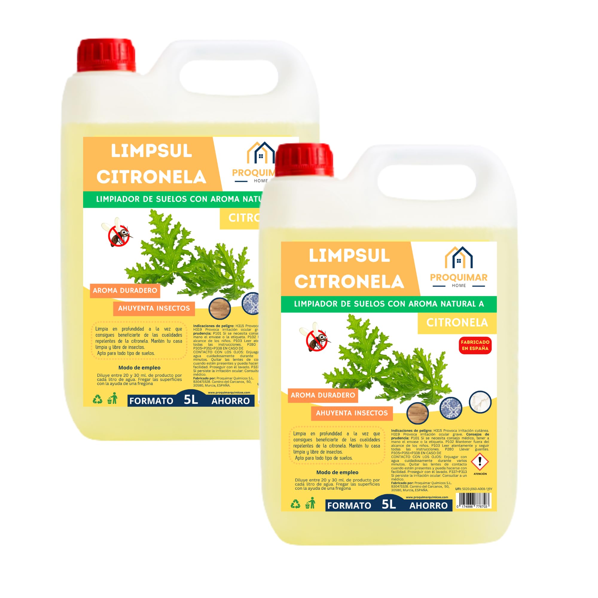 Pack de 2 Fregasuelos Con Citronela 5L. Limpiador Concentrado con Aroma Natural a Citronela.