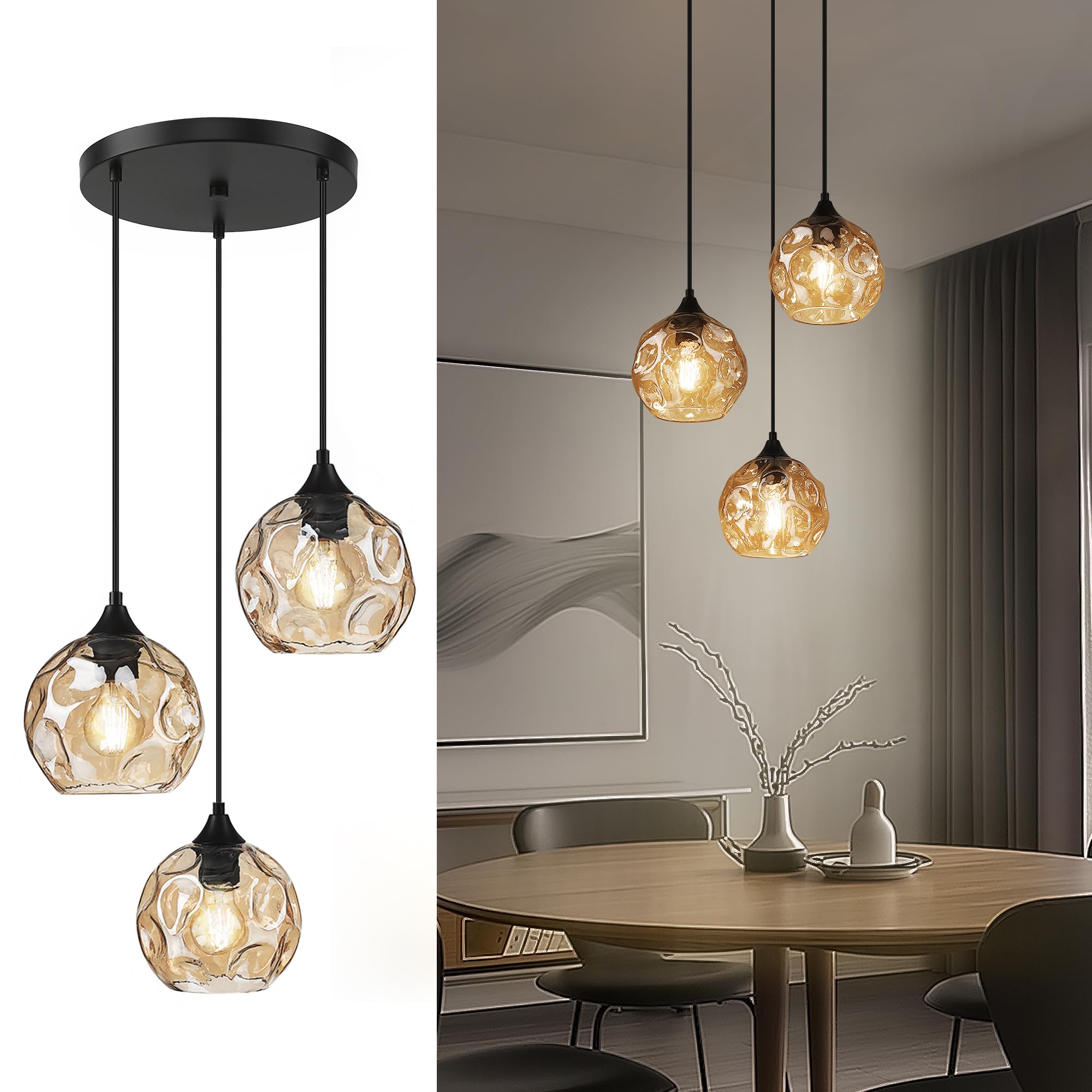 Lámpara colgante de 3 luces con cristal martillado, iluminación colgante lineal para comedor en acabado ámbar, DYE287G2-3 BK