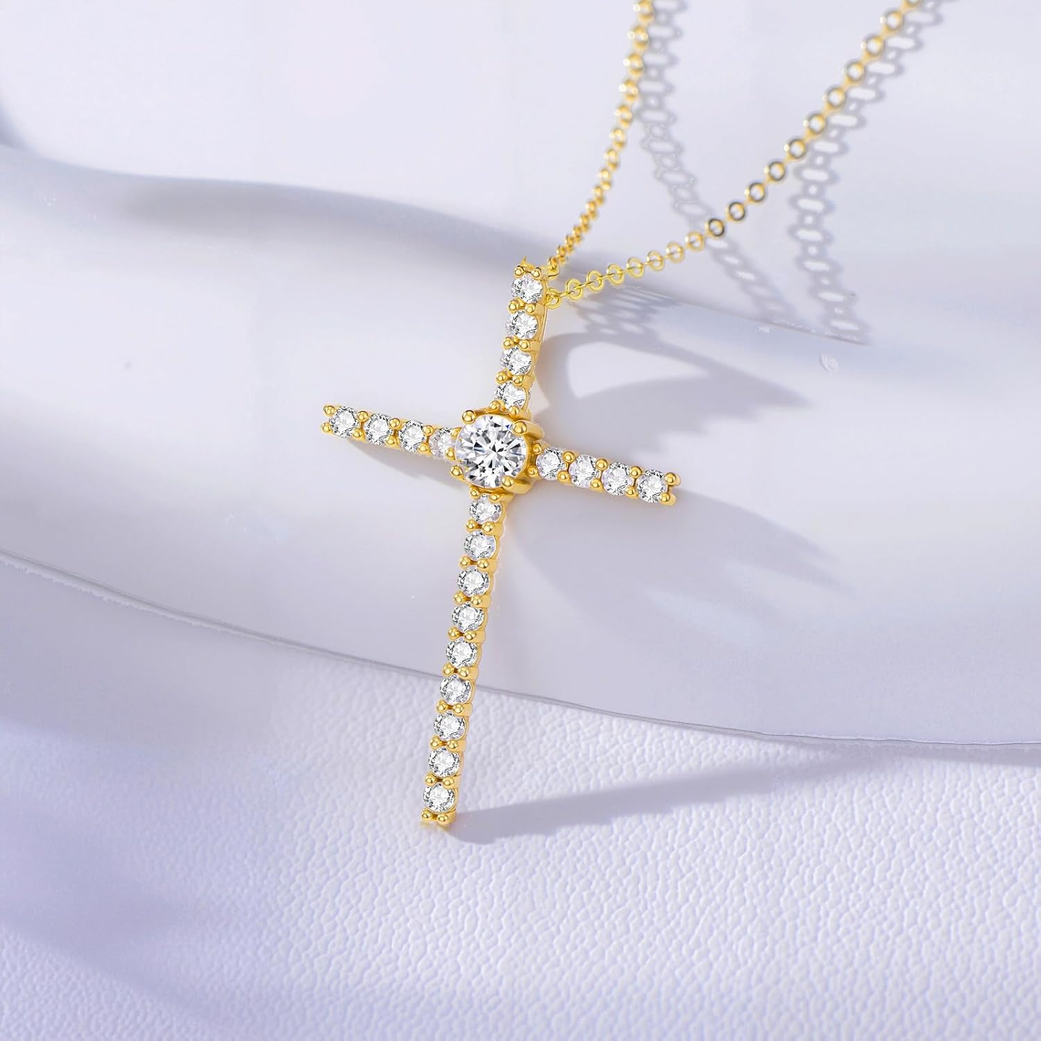 SISGEM 14k Gold Created Moissanite Cross Necklace for Women, 14kt Gold Jewelry Confirmation Gifts for Her, 16-18 Inches