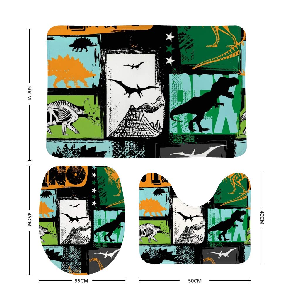 Kuizee Bath Rug Set 3 Piece ?Dino Pattern Dinosaur Grunge Design for Boys Batroom Rugs Non-Slip Mat U-Shaped Contour Rug O-Shaped Toilet Lid Water Absorbent Cover Coral Velvet