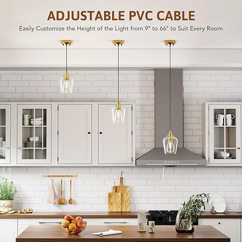 Miniatura 2 de VONLUCE Luces colgantes para isla de cocina, lámparas colgantes de oro cepillado con base E26 y cable ajustable, iluminación colgante moderna con