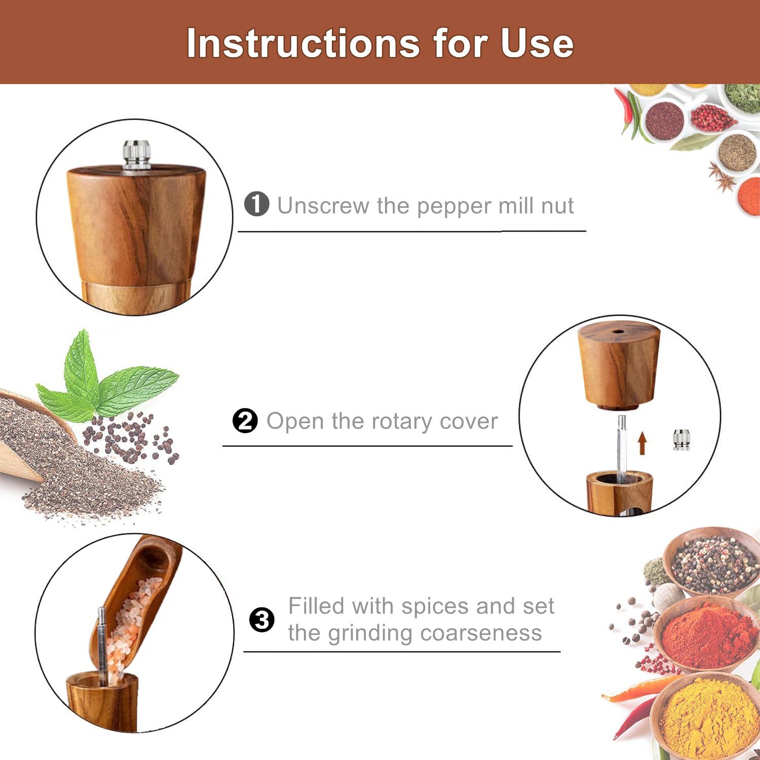 Salz und Pfeffermühle Holz Set Manuelle Pfeffermühle Keramikmahlwerk Gewürzmühle Salzmühle mit untersetzer Verstellbarem für Gewürze Pfeffer Salz 2er Set 20 cm