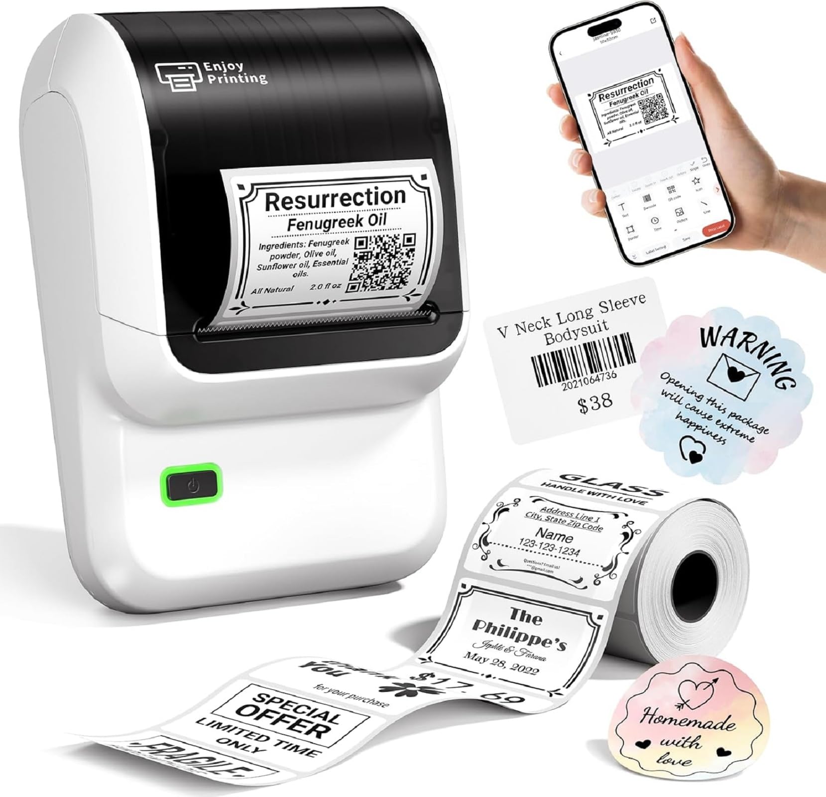Omezizy M100 Label Printer Machine, 2-inch Bluetooth Thermal Label Maker, Portable Label Sticker Printer Machine with Waterproof Labels for Small Business, Retail, Home, Office, School, White โ image 1
